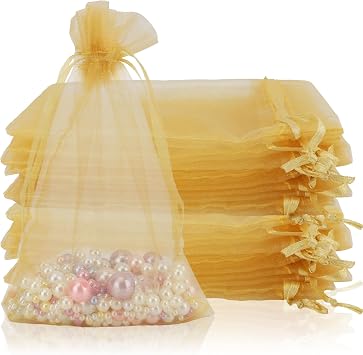 100PCS Organza Bags, 4x6 inch Small Mesh Sachets, Gold Sheer Wedding & Party Favor Bags for Candy, Jewelry, Bracelets and Small Gifts