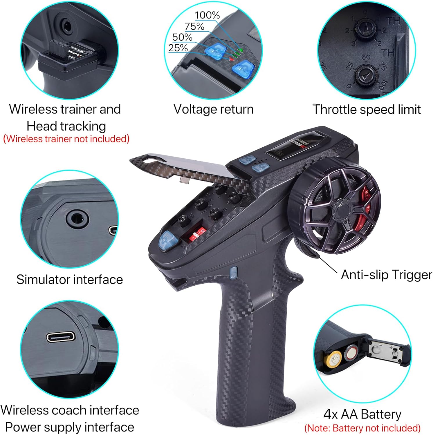 Diagram showing various parts of the DUMBORC X6PM-350 transmitter including wireless trainer port, voltage return, throttle speed limit, simulator interface, wireless coach interface, power supply interface, anti-slip trigger, and 4x AA battery compartment.