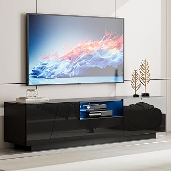 TV Stand with LED Lighting Suitable for TVs up to 70 Inches Modern TV Consoles for Living Room and Bedroom TV Table with Cabinet and Drawer 160 x 40 x 35 cm Black