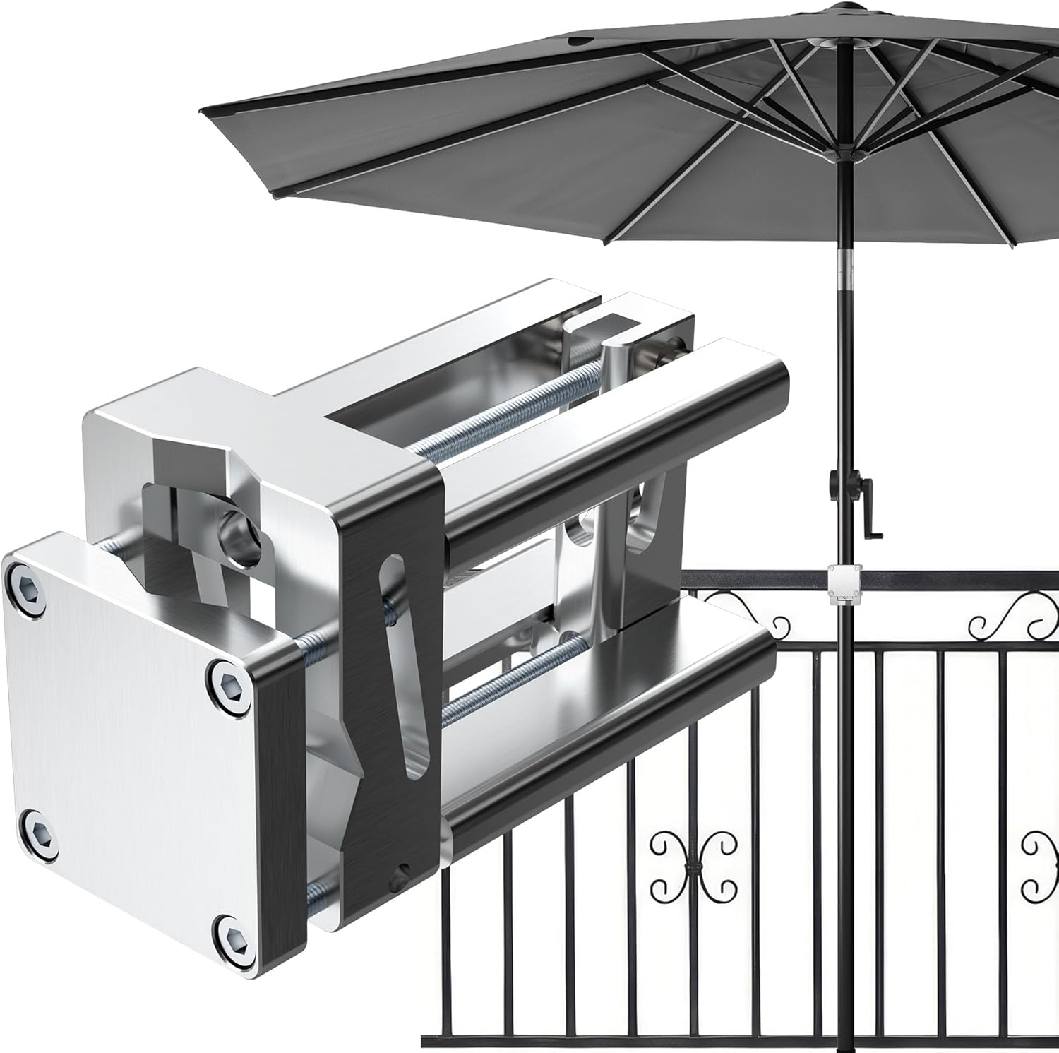 4smile Stabiler Sonnenschirmhalter Balkongeländer für eckige geländer – Kurbel Sonnenschirm Halterung Balkon ohne Bohren, Extra-starke Aluminium Halterung, ersetzt Sonnenschirmständer, Silber
