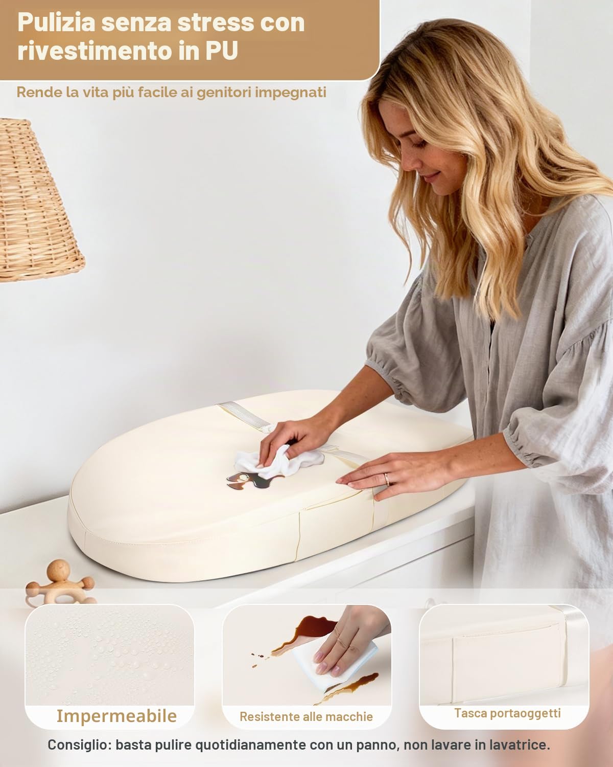 Materassino fasciatoio in pelle vegana, 80 x 40 cm, impermeabile, con cintura di sicurezza e base antiscivolo, portatile, leggero e facile da pulire, beige