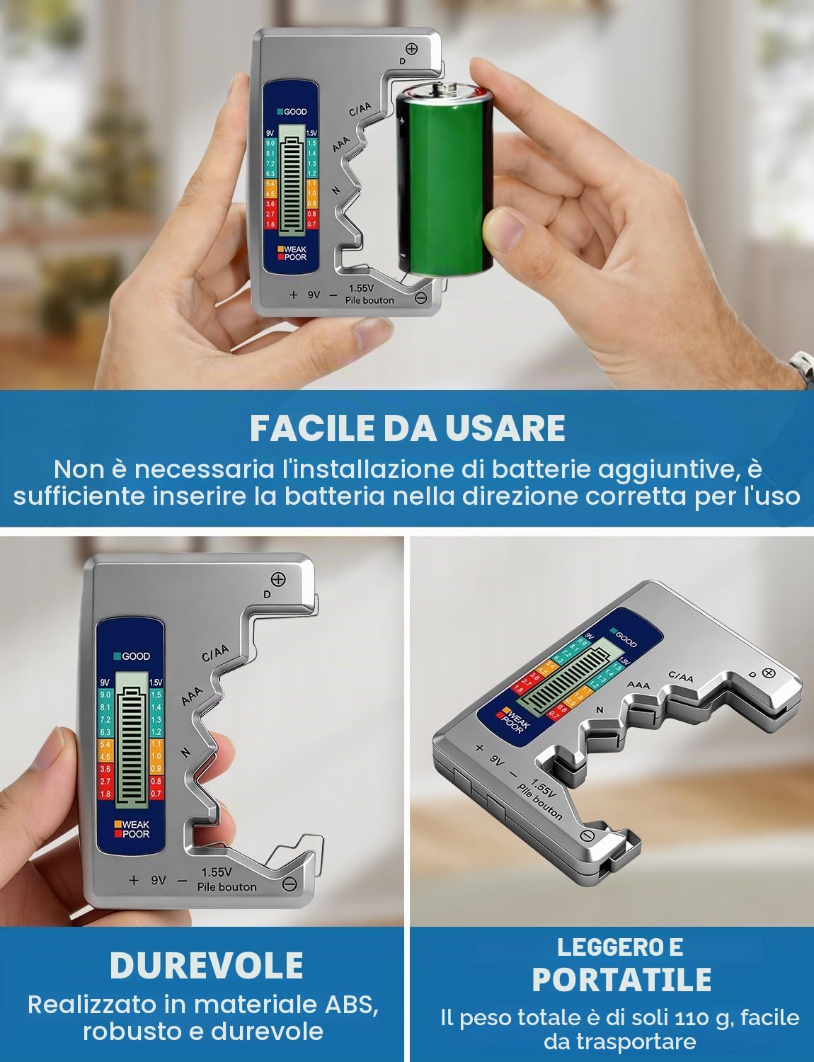 Lingjiong Tester Per Batterie Con LCD – Adatto A AA, AAA, C, D, N, 9V E A Bottone, Portatile E Preciso - 3