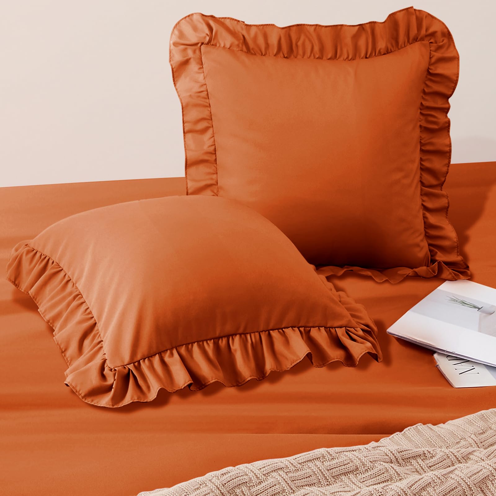 Horbaunal 2 Pack Burnt Orange Ruffle Euro Shams 26" x 26" Ruffle Square Pillow Covers Ultra Soft Microfiber Ruffled Fringe Pillow Shams Covers, Shabby Chic Pillowcases