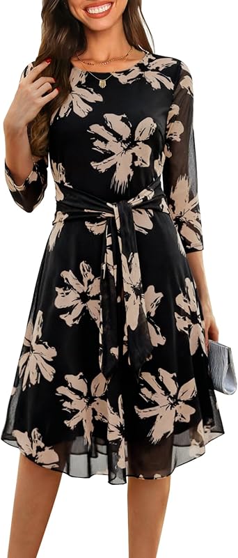 Zattcas Womens 3/4 Sleeve Floral Spring Midi Dress Clothes 2026 Crew Neck Flowy Mesh Cocktail Party Wedding Guest Dress