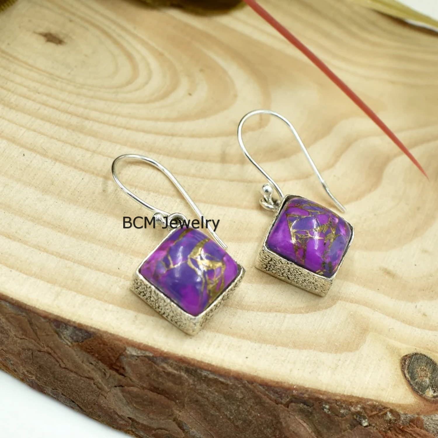 Sólidos pendientes de plata de ley 925 para mujer, pendientes de regalo de dama de honor, turquesa de cobre púrpura, pendientes de piedras preciosas, regalo de Navidad para ella