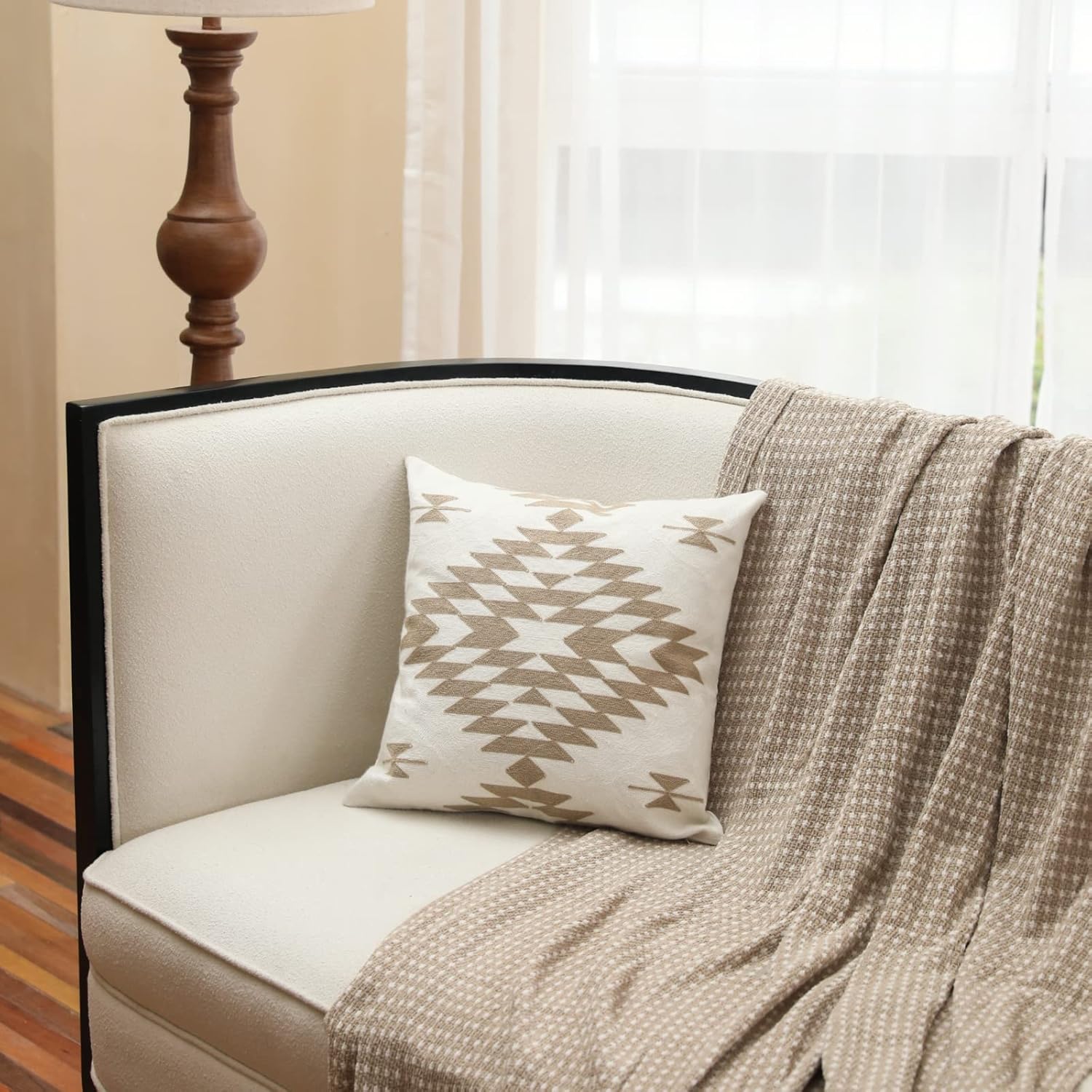 IKATYARN Beige Aztec Pattern Embroidery Throw Pillow Cover,Boho Tribal Geometric Pillowcase, Modern Farmhouse Brown Cushion Case for Couch Sofa Bed, 18"x18" - Image 2