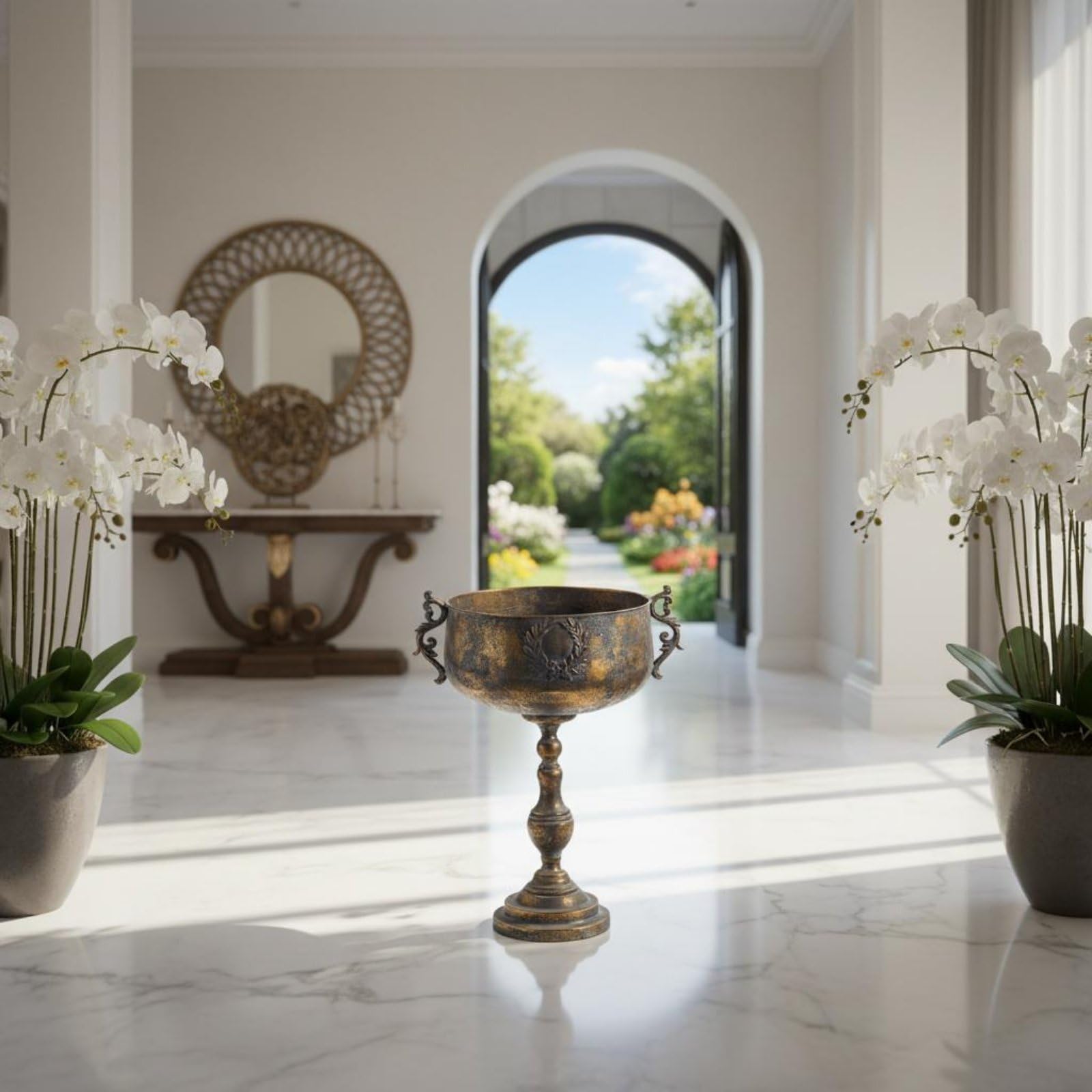 Jarrón de Suelo Decorativo Jarrón de Pie Florero Pedestal Centro de Mesa de Metal Forjado Textura Envejecida y Copa de Cáliz Elegante Adecuado para Decoración de Recibidores Salones y Bodas