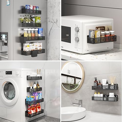 Miniatura 6 de Paquete de 4 estantes magnéticos para especias para refrigerador, organizador de especias, estante magnético móvil con 4 ganchos y 2 tazas colgantes