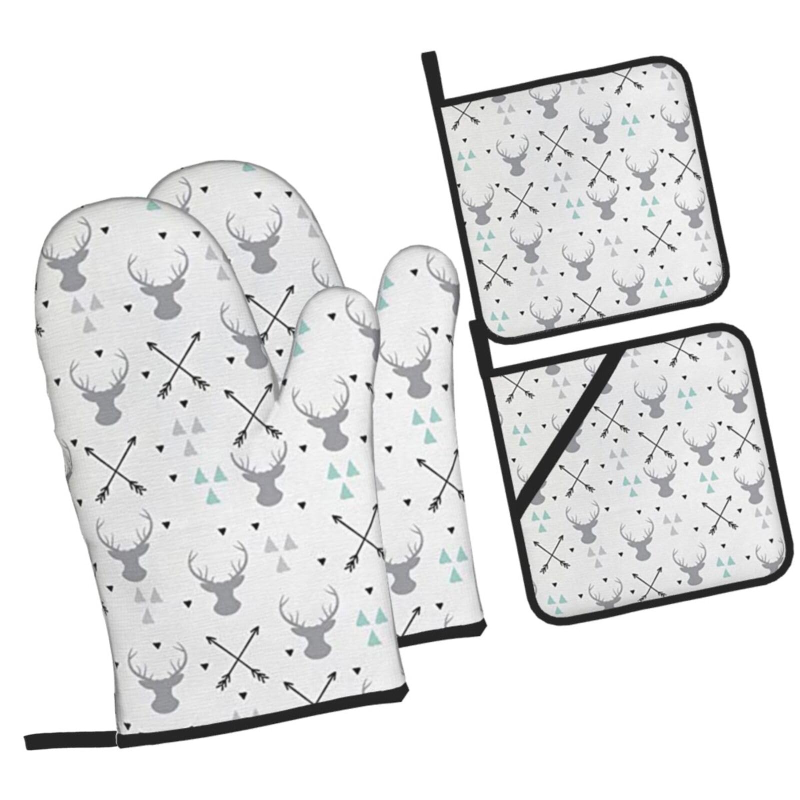 Hunting Arrows Triangles Deer Printed Oven Mitts and Pot Holders Heat Resistant Set of 4 Pcs, Modern Kitchen Gloves & Potholders for Cooking Baking Grilling