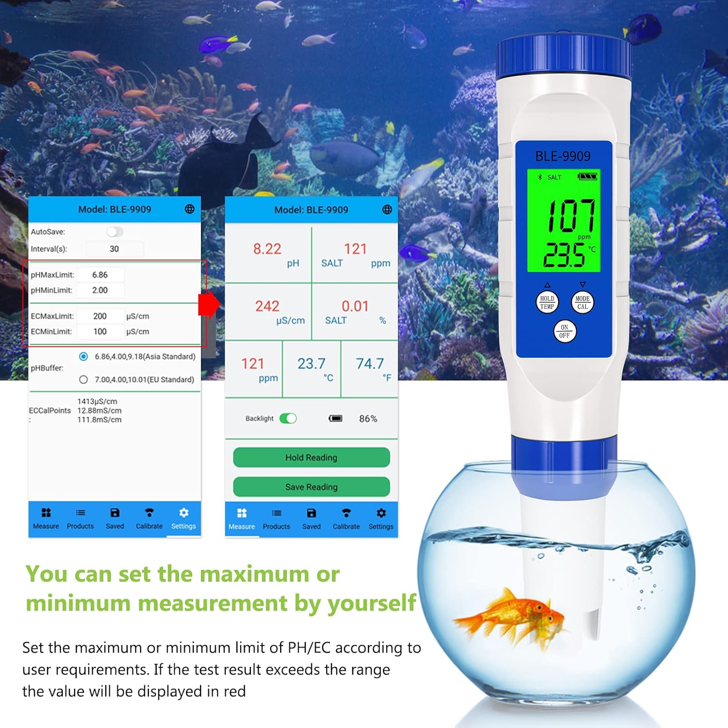 YINMIK app interface showing customizable pH and EC limits, with a red indicator for values exceeding the set range.