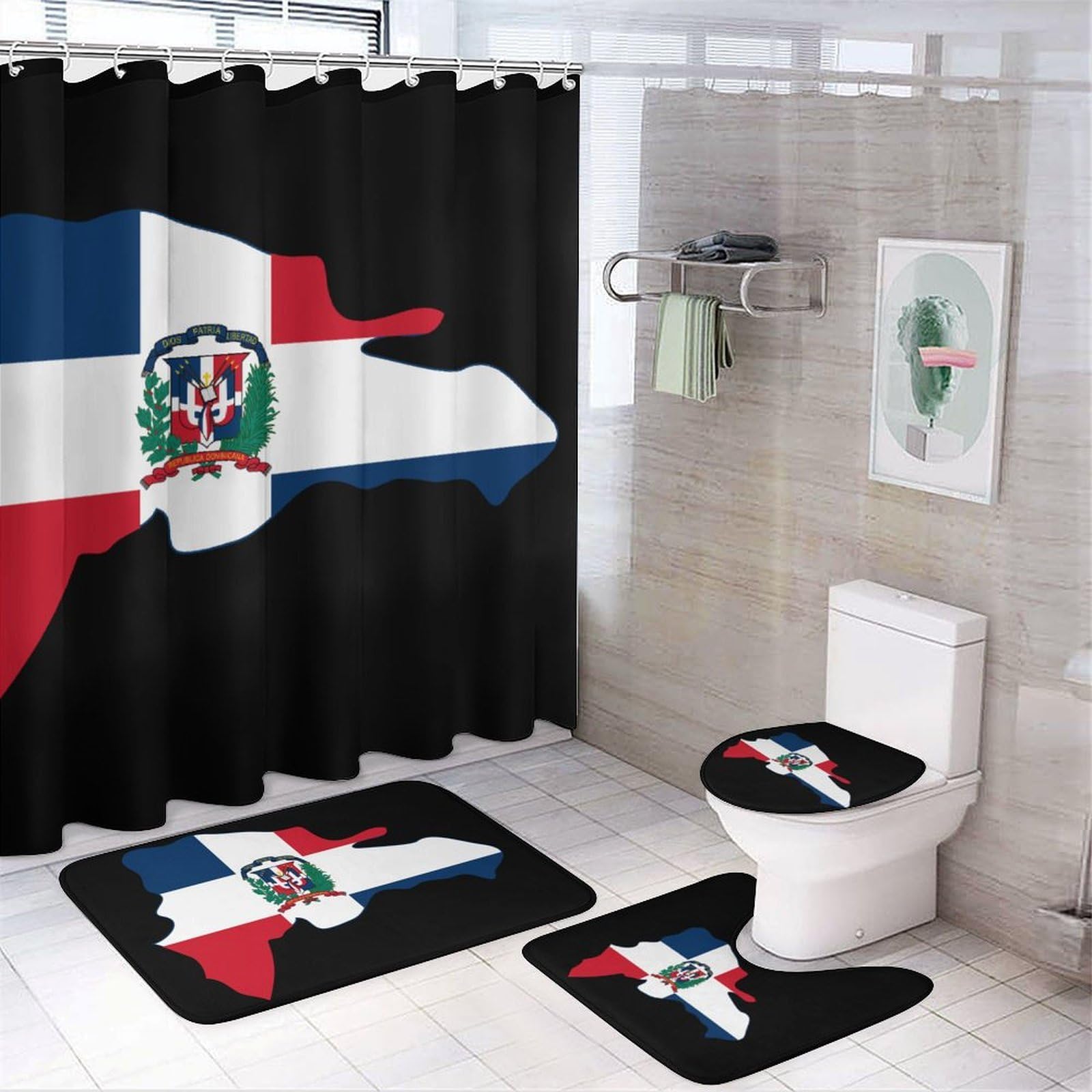 CGSBNGHA Dominican Republic Map Flag Shower Curtain Set 4 Piece Bathroom Sets with Rugs Toilet Lid Cover And U-Shaped Floor Mat