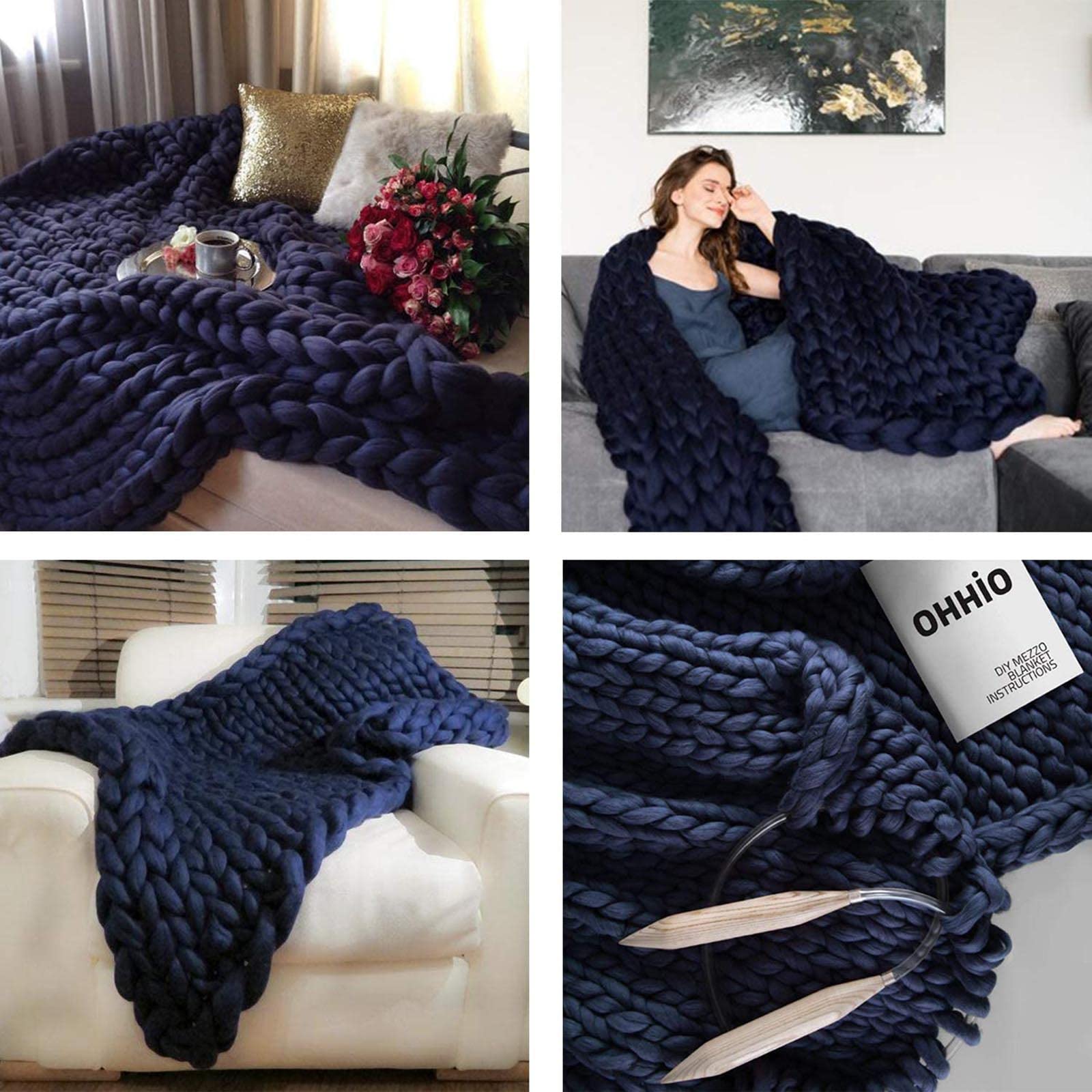 Coperta A Maglia Grossa Morbida Lana Merino Boho Fatta A Mano A Maglia Filato Gigante per Camera da Letto Divano da Letto Sedia Tappetino da Yoga Tappeto,Blu,100x200cm