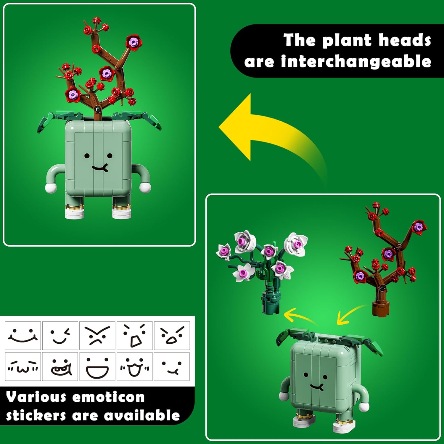 4-Pot Interchangeable Botanicals Building Kit - Creative Spinning Plant Building Toys with DIY Faces, Mini Desk Decor & Fun Gift for Teens Adults (Orchid, Bamboo, Plum, Chrysanthemum)