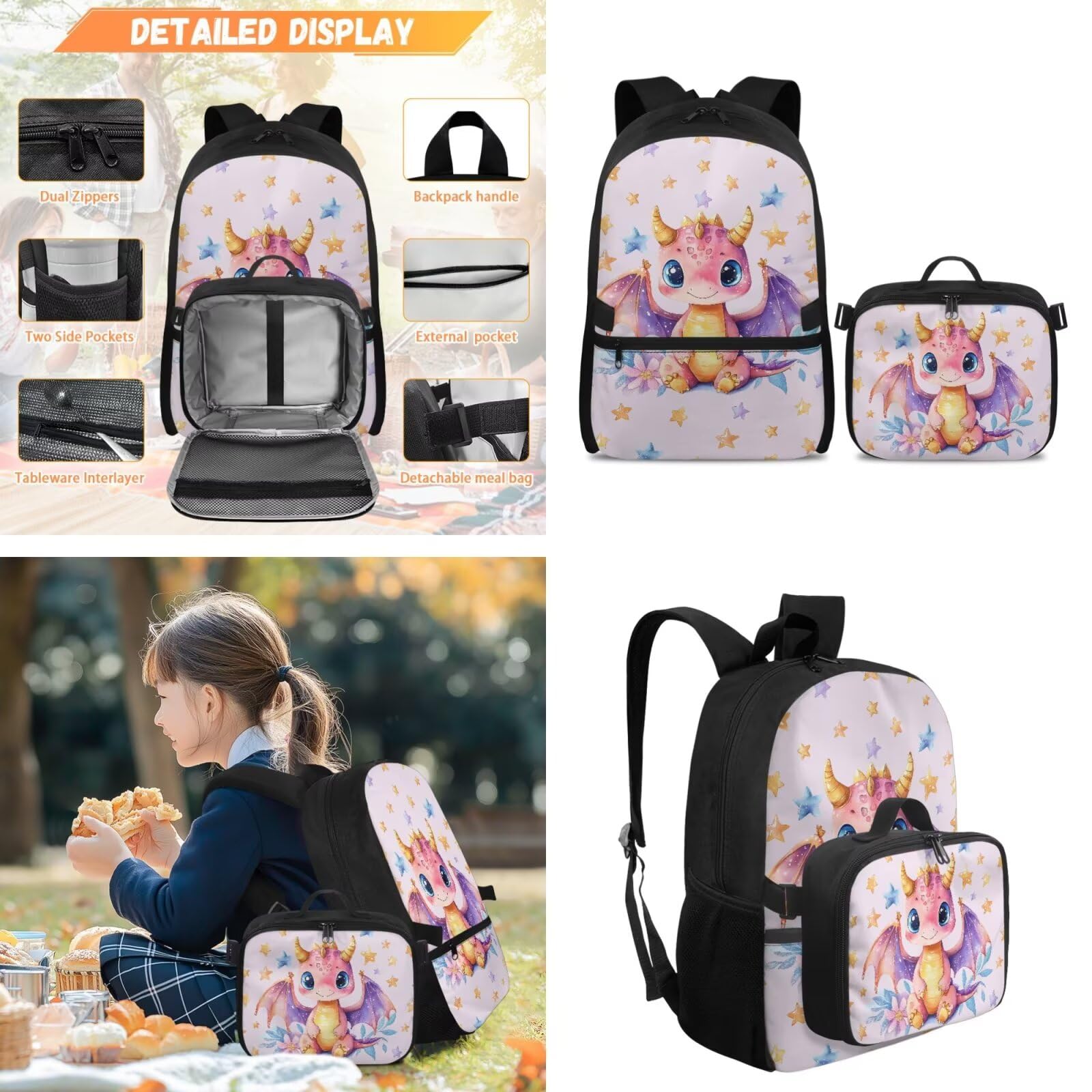COEQINE Bonita mochila escolar para niños, juego de 5 bolsas con lonchera y estuche, llaveros para adolescentes de 6 a 12 años, Bonita estrella de dragón rosa, M, Casual
