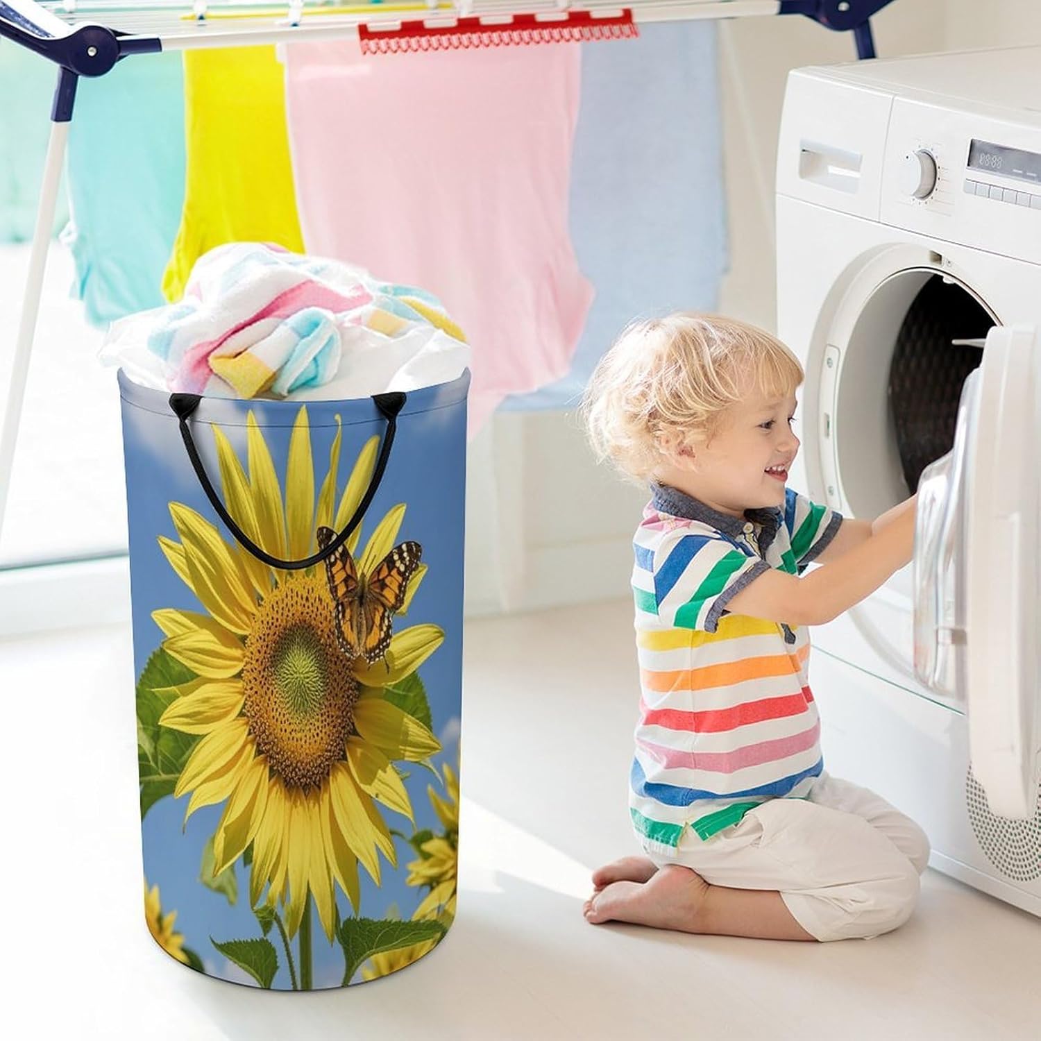 Sunflower And Butterfly Laundry Hamper Large Collapsible Laundry Basket with Handles Waterproof Clothes Hamper Portable Dirty Clothes Basket for Bedroom Laundry Room Closet Bathroom