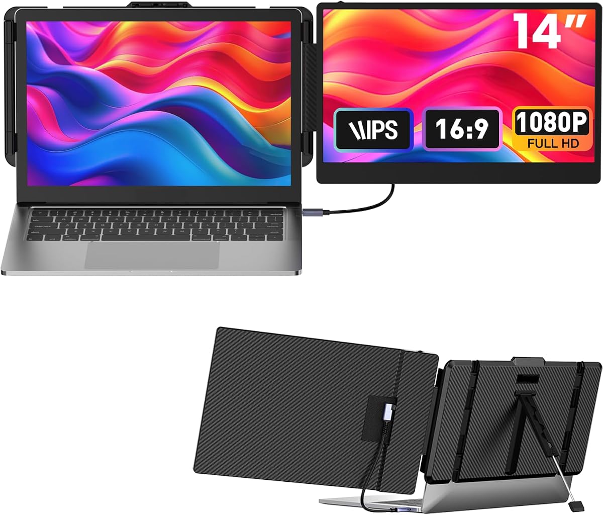 Extensor de pantalla portátil de 14 pulgadas, monitor portátil FHD de 1080P, tipo C/HDMI/USB-A Plug & Play, extensor de monitor portátil compatible con portátiles con pantalla de hasta 15,35"de ancho, compatible con Windows, Mac, Chrome