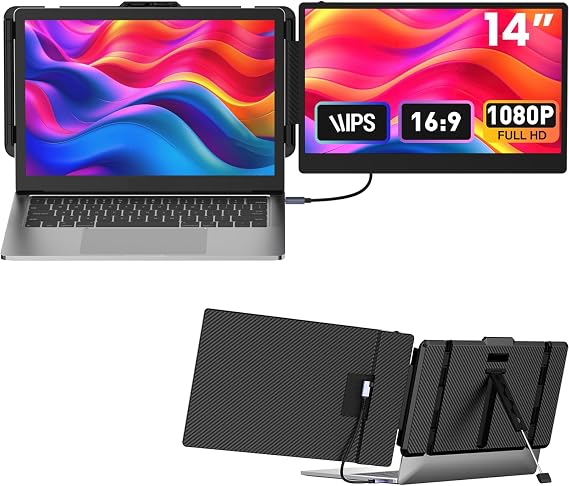 Laptop Screen Extender 14-inch, 1080P FHD Portable Monitor, Type-C/HDMI/USB-A Plug & Play, Laptop Monitor Extender fits Laptops with Screen up to 15.35 Wide, Compatible with Windows, Mac, Chrome