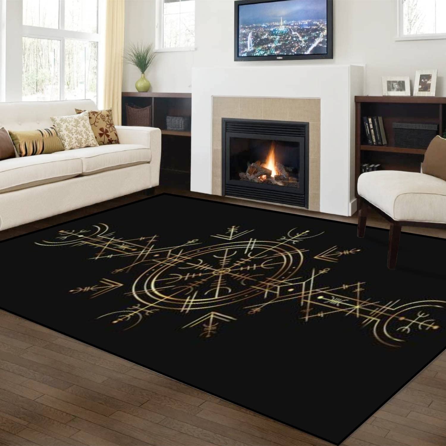 2x6 Viking Runic Runner Rug – Golden Norse Compass Design, Washable Low Pile, Non-Slip Backing
