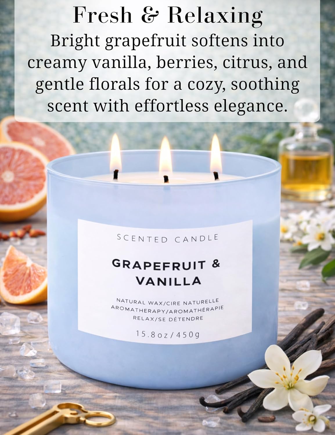 Grapefruit Vanilla 3-Wick Soy Candle | 15.8 oz Large Scented Candle for Home | Clean Burn Long Lasting | Citrus Vanilla Floral Scent | Gift Ready