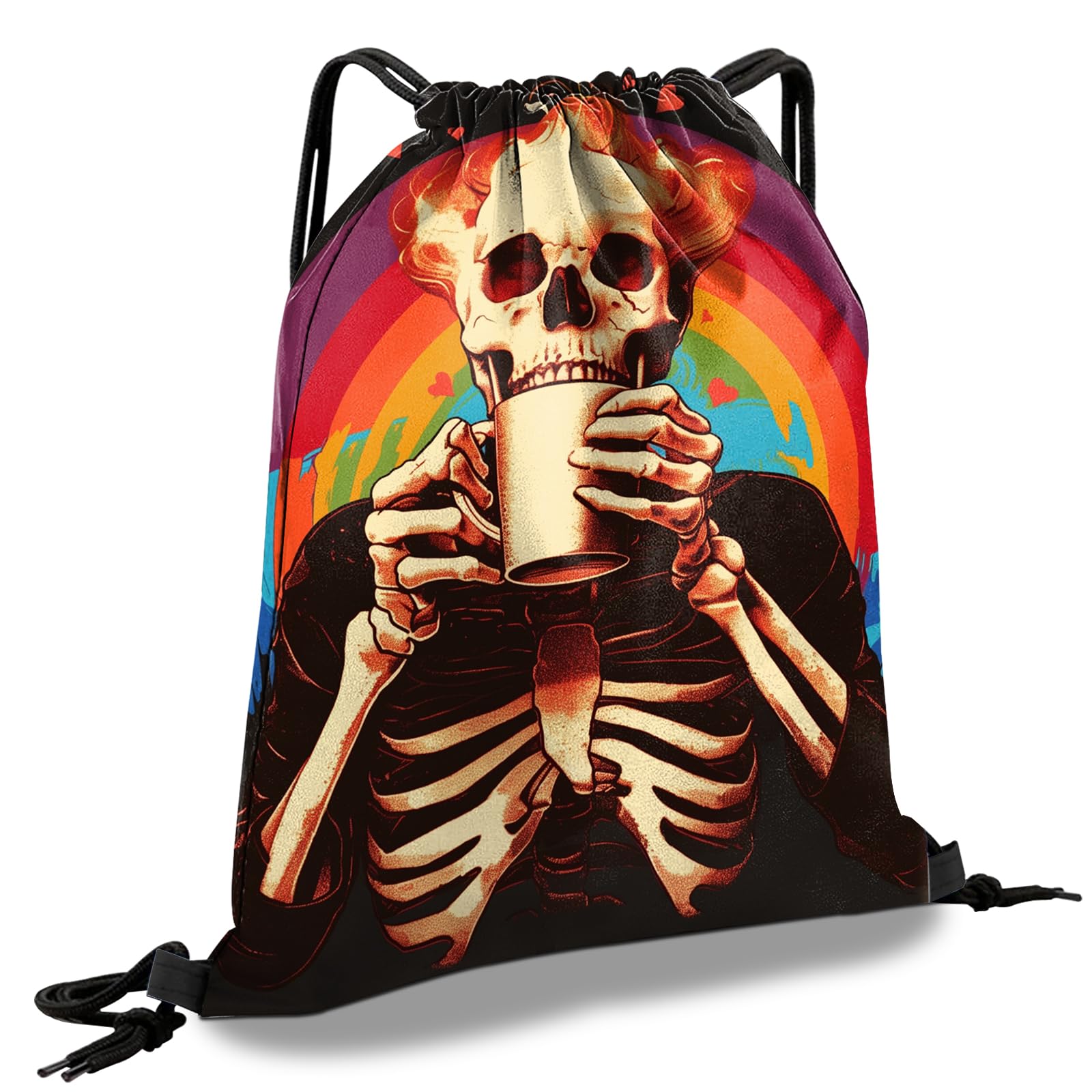 Cabreche Drawstring Backpack Draw String Sports Bags for Gym Travel Beach Waterproof Cute Sackpack Men Women Aesthetic (13"×17")-Rainbow Skull