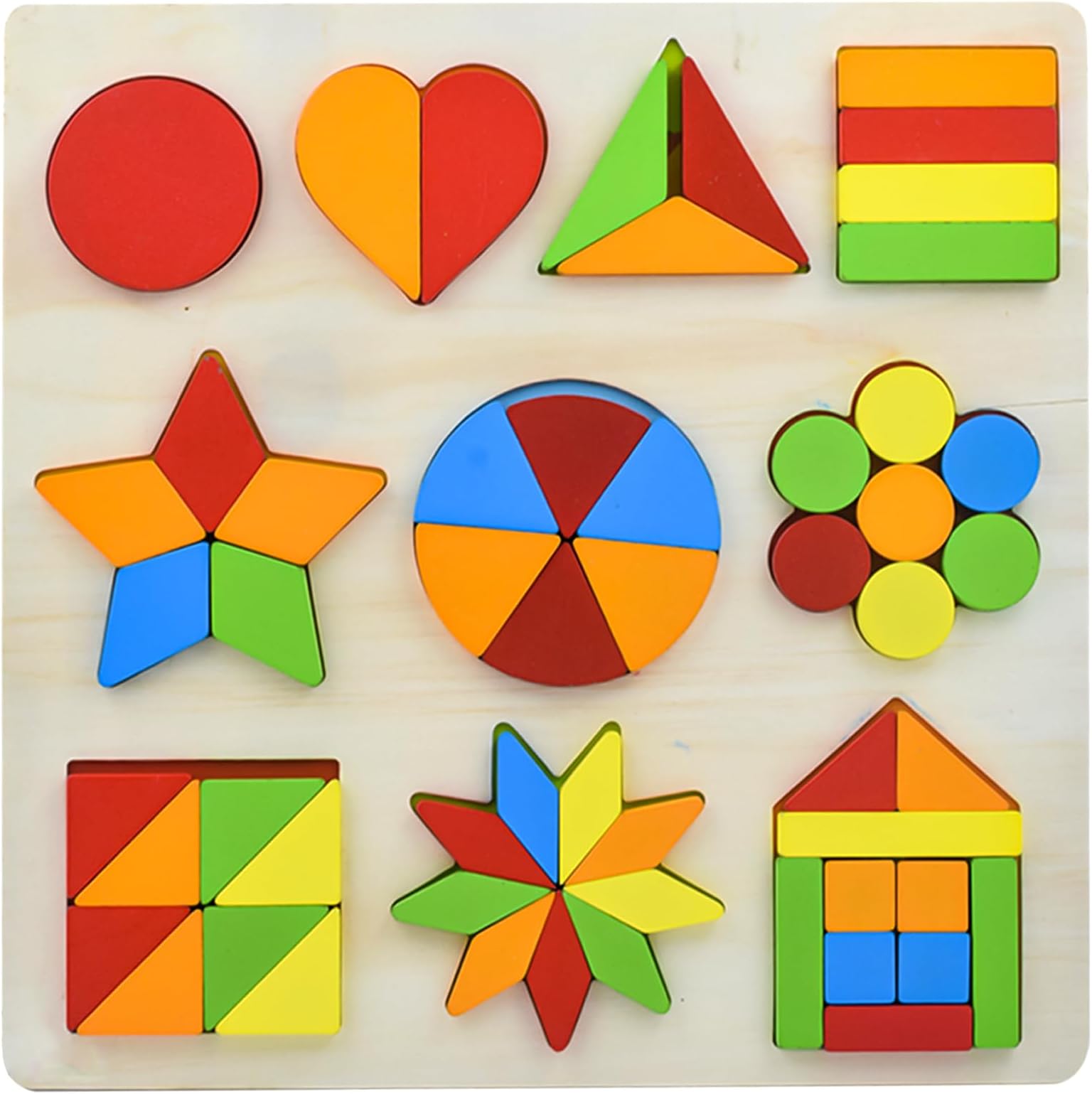 WISHKEY Wooden Shapes Puzzle Learning Toy, Montessori Game Educational Toys for Kids, Intelligence Brain Teaser Puzzle Board with 10 Designer Shapes, Multicolour, 3+ Years (Pack of 1)