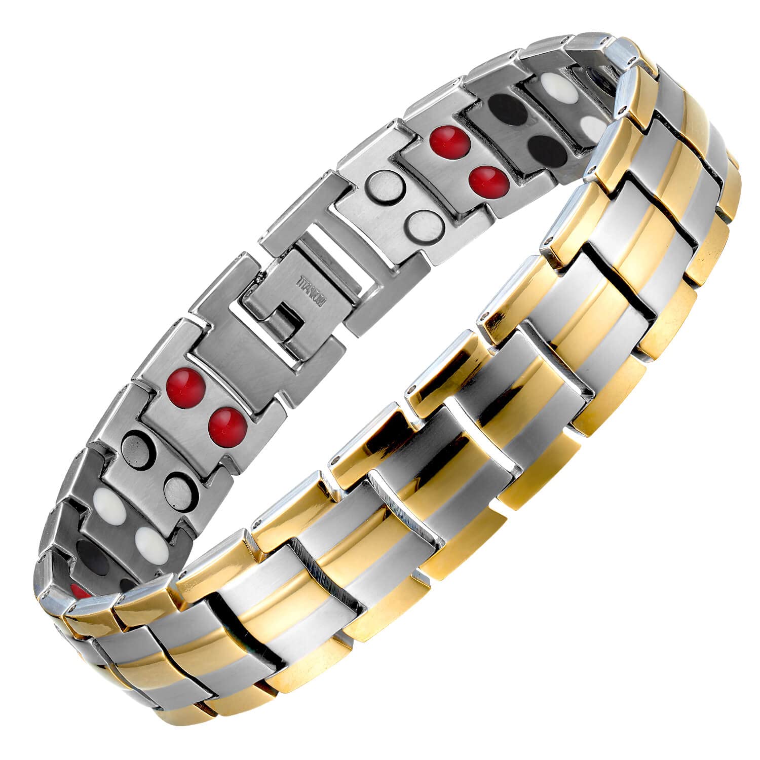 Generisch Doppelreihiges Titanarmband in Silber und Gold, Titan Magnetarmband für Männer, Herren Armband mit Magneten,Inklusive Geschenkbox