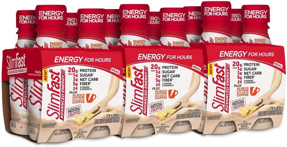SlimFast Advanced Energy Vanilla Shake – Ready to Drink Meal Replacement – 20g of Protein – 11 fl oz Bottle – 12 Count