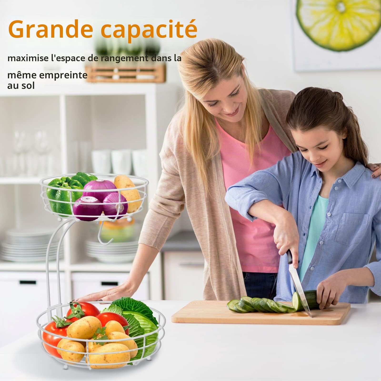 Étagère à fruits panier à fruits à 2 niveaux avec crochet pour banane comptoir de cuisine bol à fruits bols en métal parfait pour contenir des fruits des légumes des collations des cupcakes (blanc)