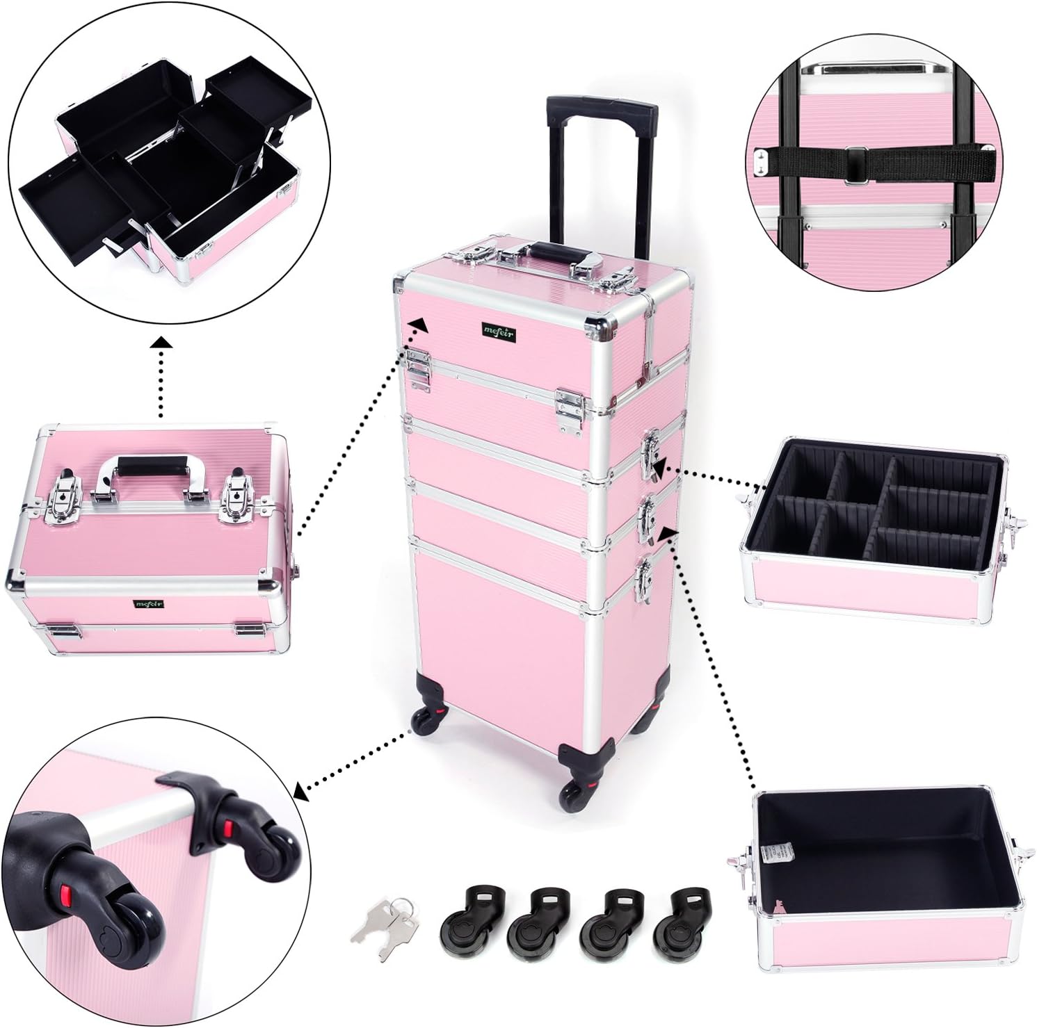 Mefeir 4-in-1 Rolling Makeup Train Case Lift Handle,4 Removable Wheels Lockable Keys,Aluminum Cosmetic Trolley Beauty Stylist Artist Organizer Box,Ideal Xmas New Year Gift(Pink) : Beauty & Personal Care