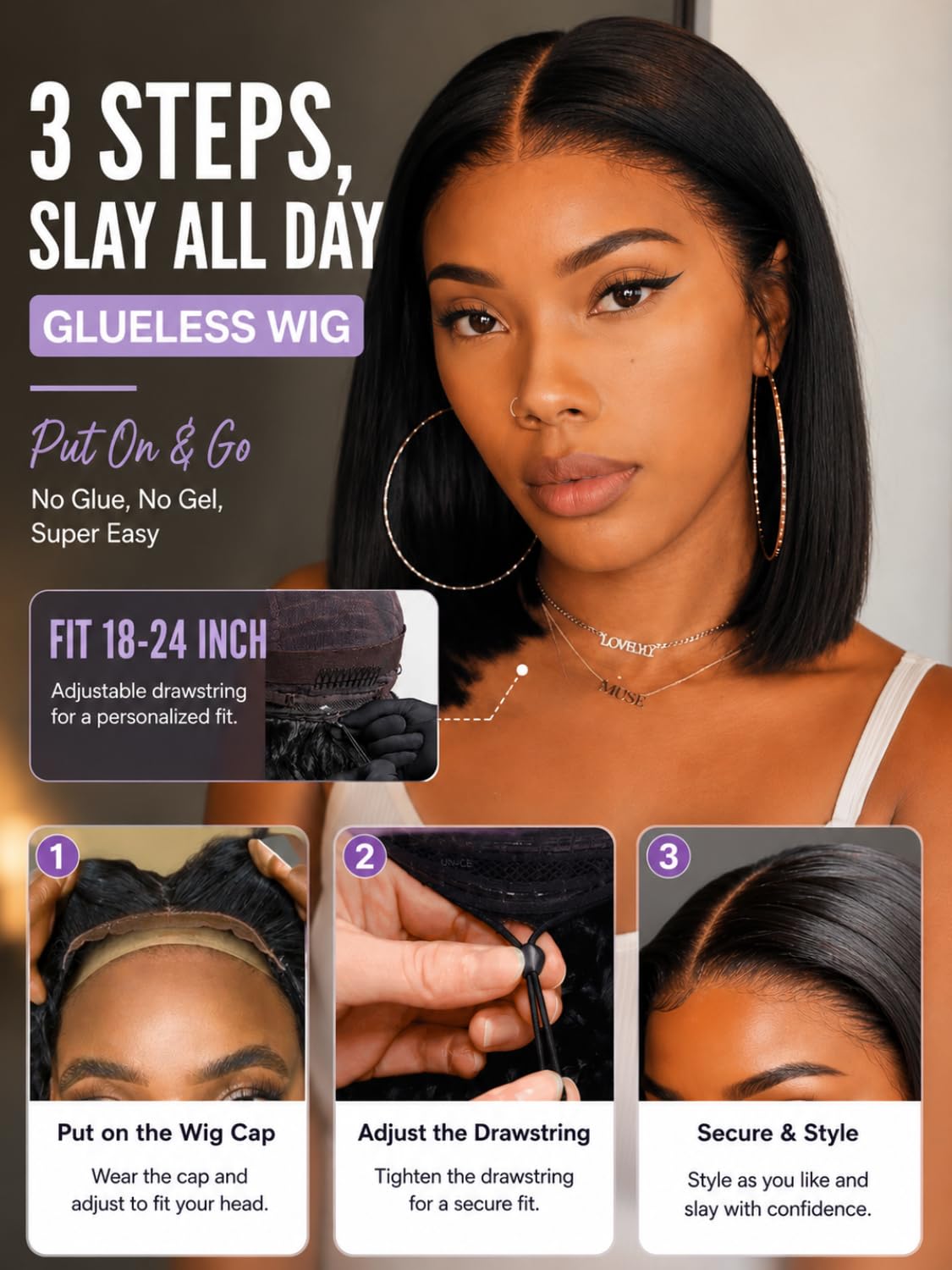 YIROO Yaki Straight Wigs Human Hair 7x5 Lace Front Wigs Human Hair Bob Wig | 10 Inch Human Hair Wig Drawstring Wig Bye Bye Slip Glueless wigs Pre Plucked Pre Cut Bleached Put On and Go Wigs for Women