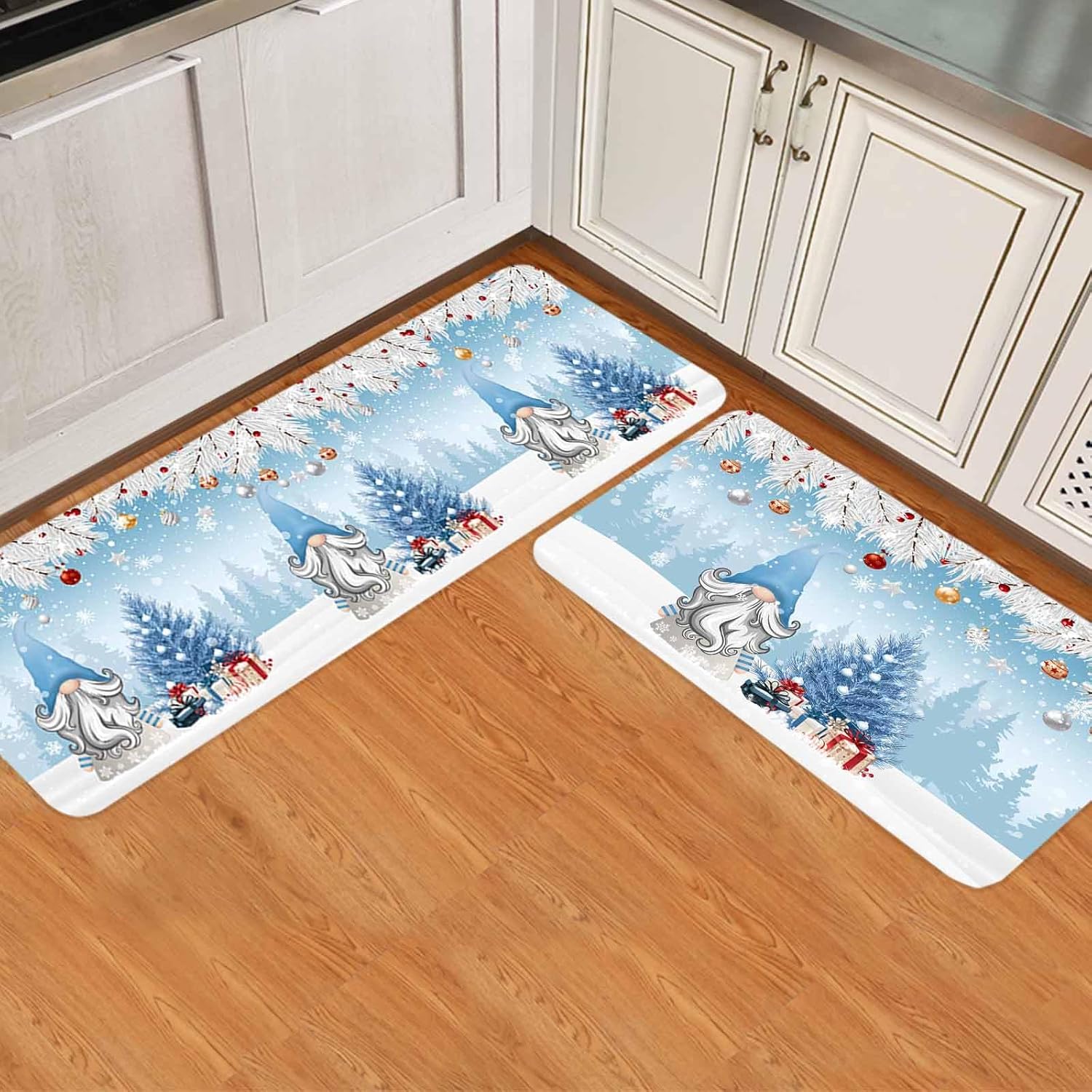 Kitchen Mats for Floor 2 Piece, Christmas Gnome with Blue Xmas Tree and Gifts Non-Slip Kitchen Rugs Washable Runner Rug Set Absorbent Carpets for Kitchen Laundry Room, 20"x24"+20"x48"