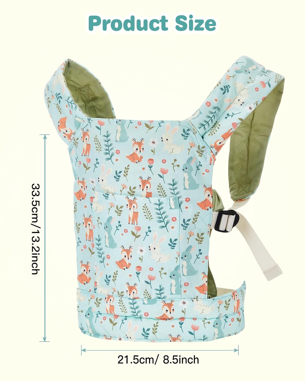 Lictin Baby Doll Carrier, Front and Back Doll Accessories Carrier for Little Girls, with Adjustable Straps for Stuffed Animal Reborn Baby Doll Green Zoo