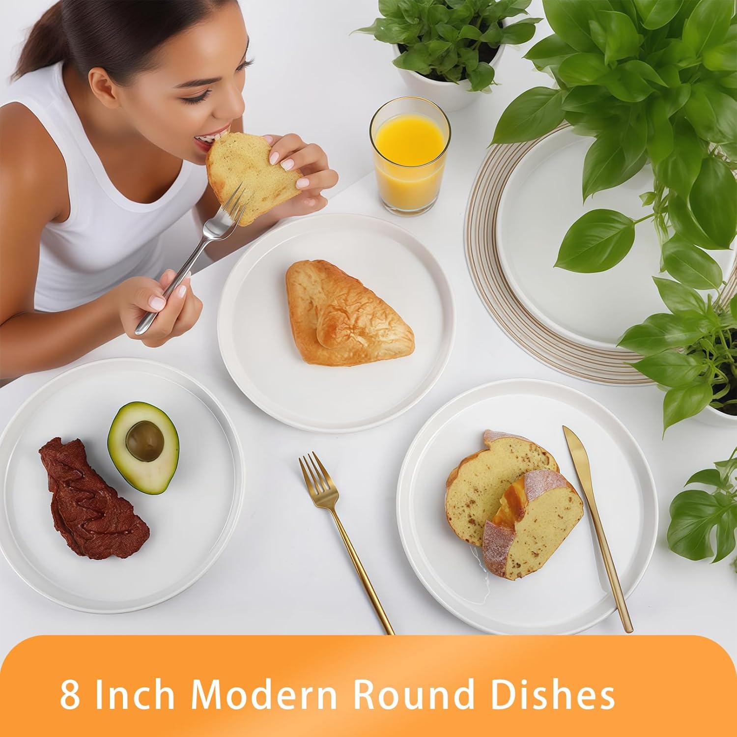 White Dinner Plates Set of 6, 8 Inch Porcelain Dessert Plates, Ceramic Appetizer Plate, White Round Salad Plate, Microwave & Dishwasher Safe, Scratch Resistant - Image 6