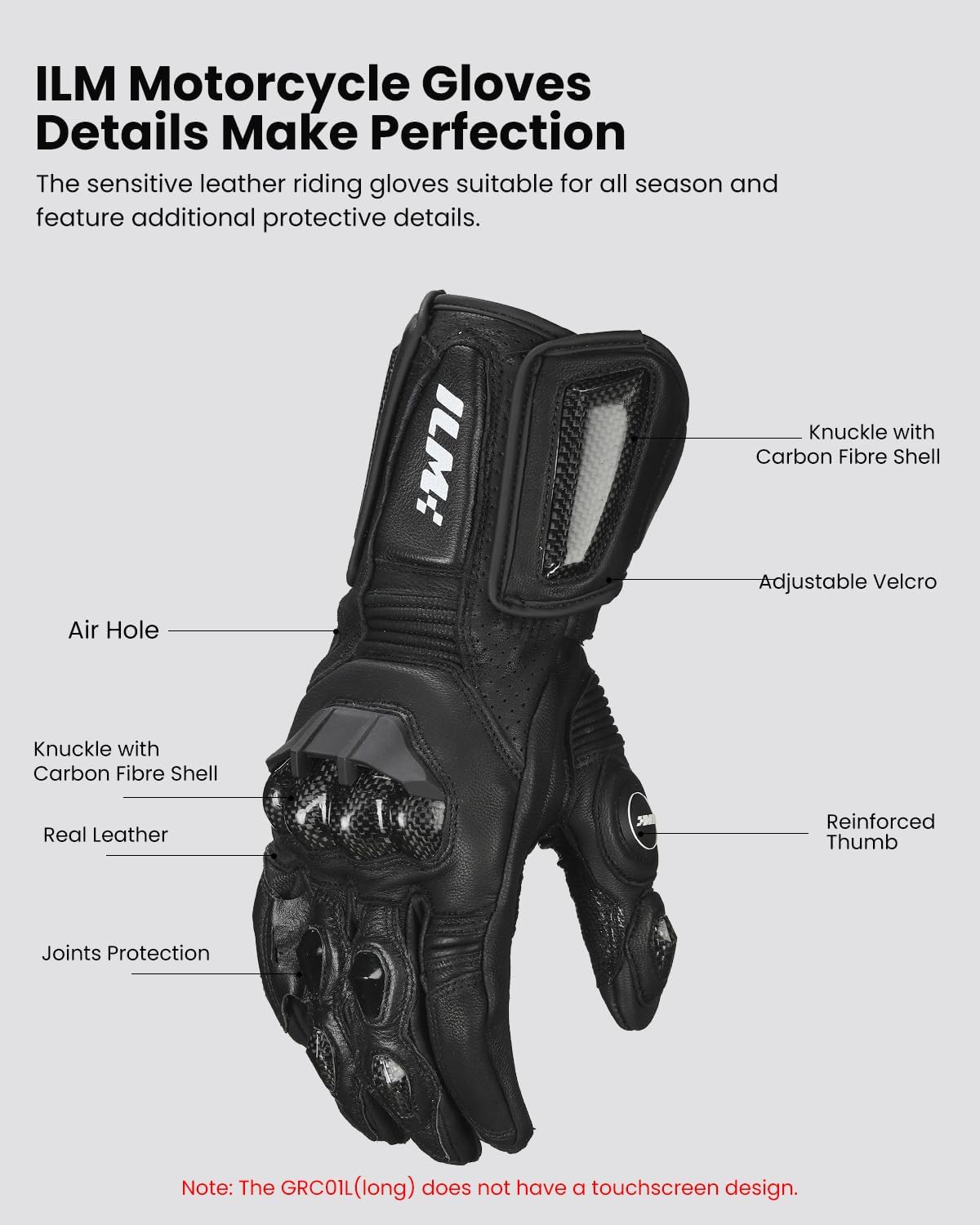 ILM Air Flow Leather Motorcycle Gloves for Men and Women Model-GRC01L (L, Black-Long) - Image 4