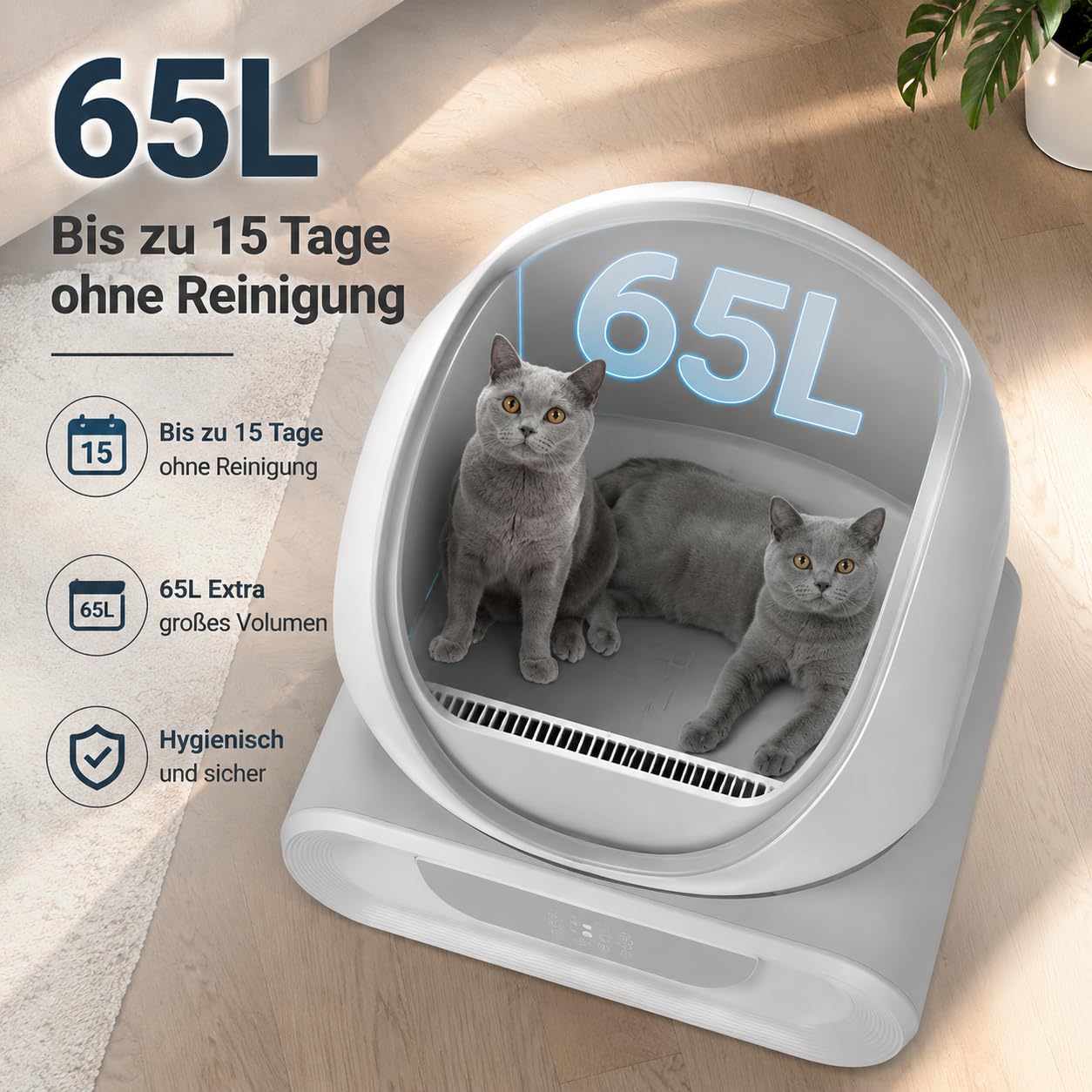 Automatische Katzentoilette XXL 65L, Selbstreinigendes Katzenklo mit App-Steuerung, Geruchsfrei & Geschlossen, Elektrische Katzen Toilette für 2+ Katzen
