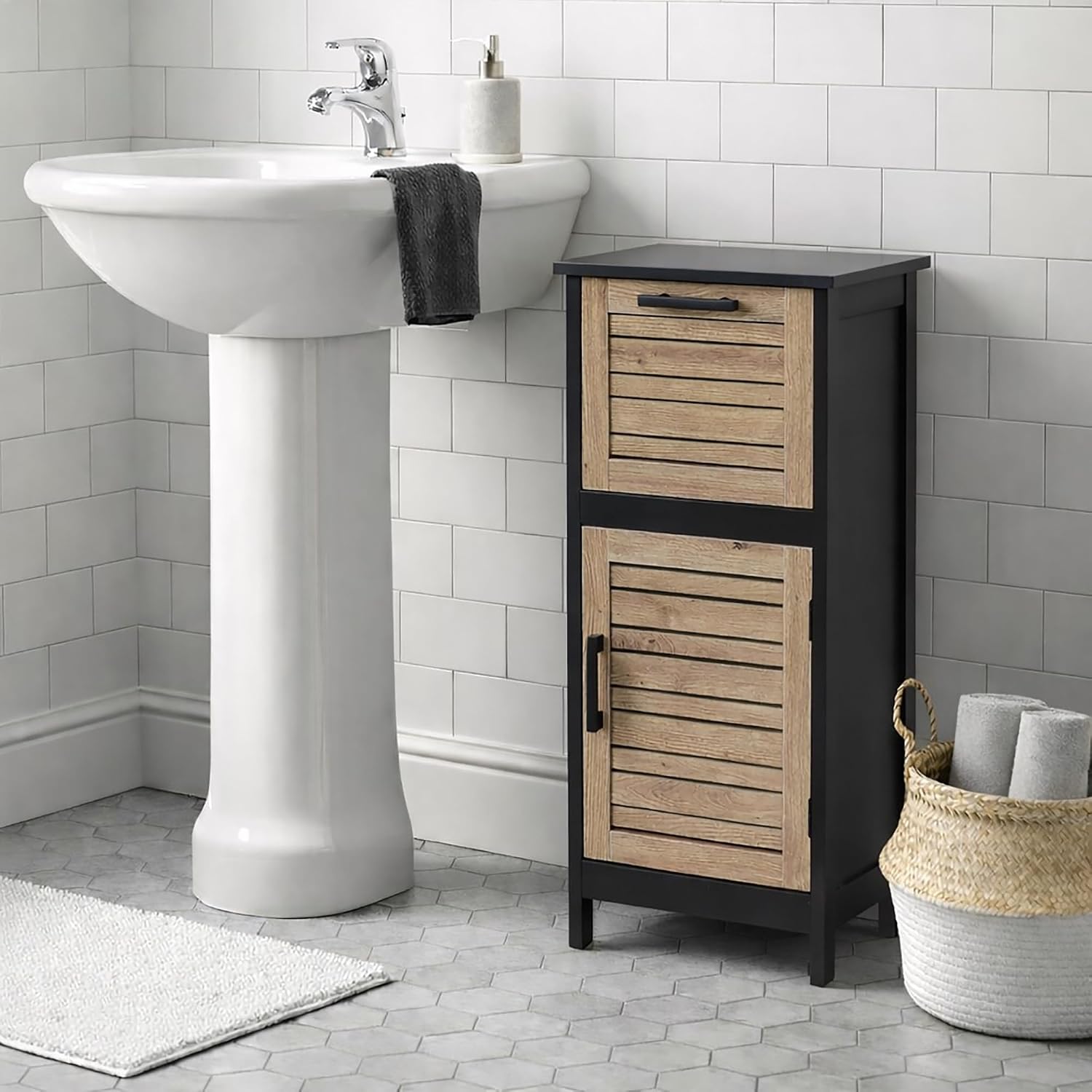 EVIDECO French Home Goods Compact Bathroom Storage Cabinet with Drawer and Vented Door, Black and Brown - Bergen Collection