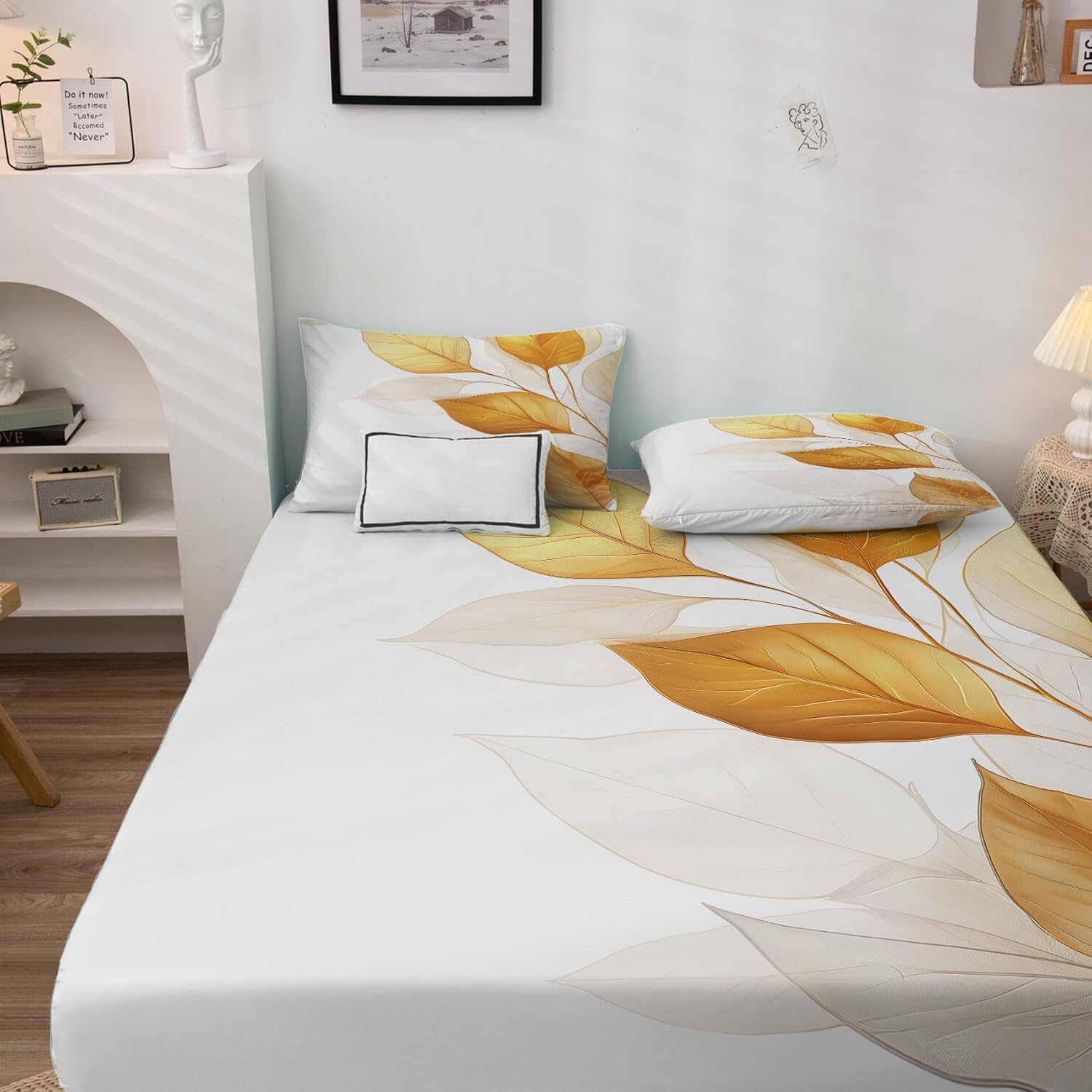 Gold Leaf Sheets Twin Size Sheet Set, Leaves Printed Bed Sheets 3 Piece, Modern Pattern Bedding Sheets & Pillowcases, 16 Inch Deep Pocket, Super Soft Microfiber