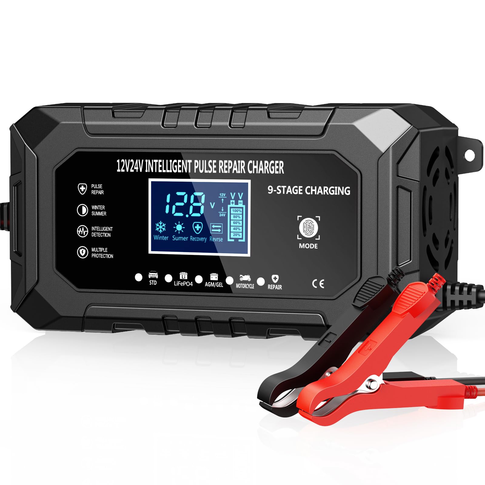Husgw Ładowarka samochodowa 15A, przenośne ładowanie akumulatora samochodowego LiFePO4 12V/24 V, 9-stopniowa inteligentna ładowarka do konserwacji, wielokrotne zabezpieczenia, odpowiednia do samochodu