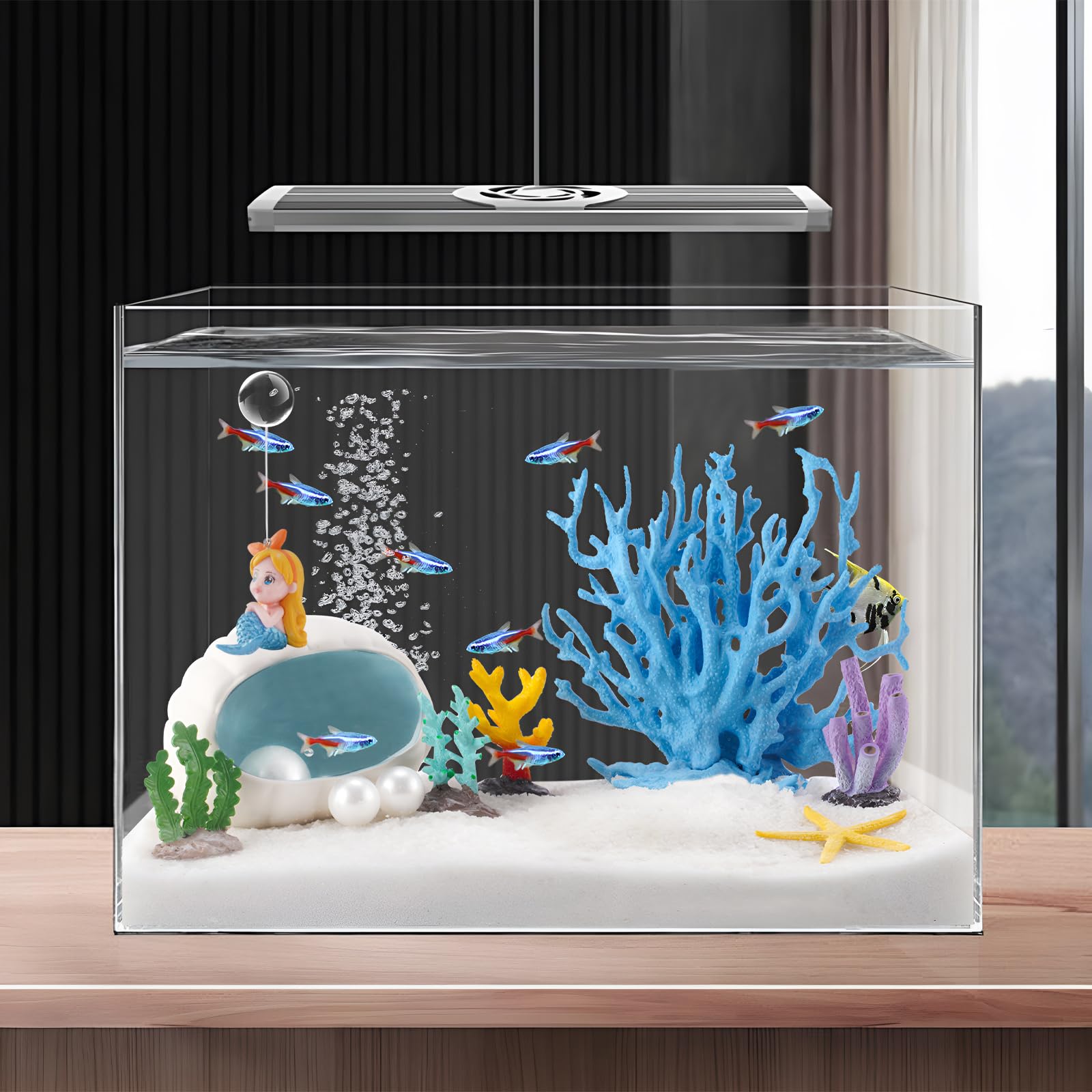 Yawkey Juego de decoración de acuario: corales vibrantes, estrellas de mar, conchas con perlas y figuras de sirena: solución única de paisajismo acuático para una escena submarina mágica (azul)