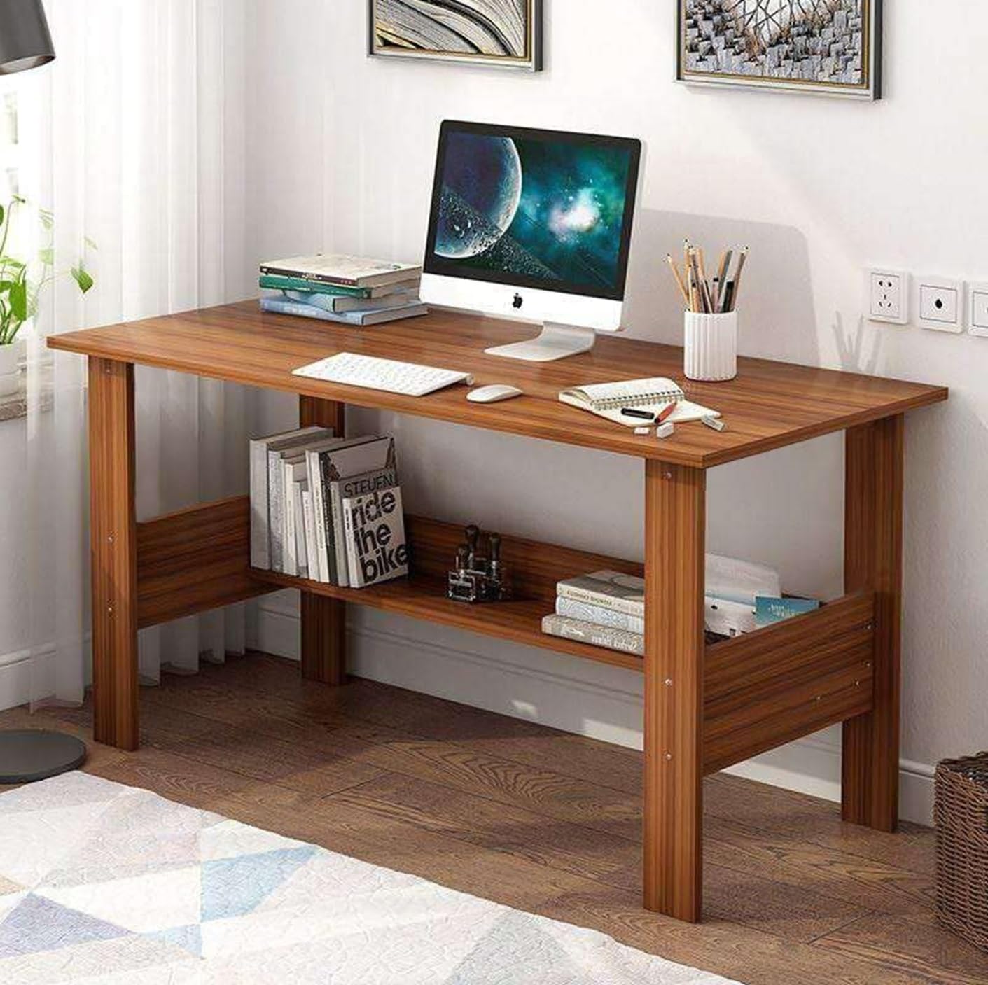 EKRON Engineered Wood (ST-005/Light Oak) Computer Desk with One Tier Shelves Laptop Study Table for Office Home Workstation Writing Modern Desk (110 x 55 x 77cm)