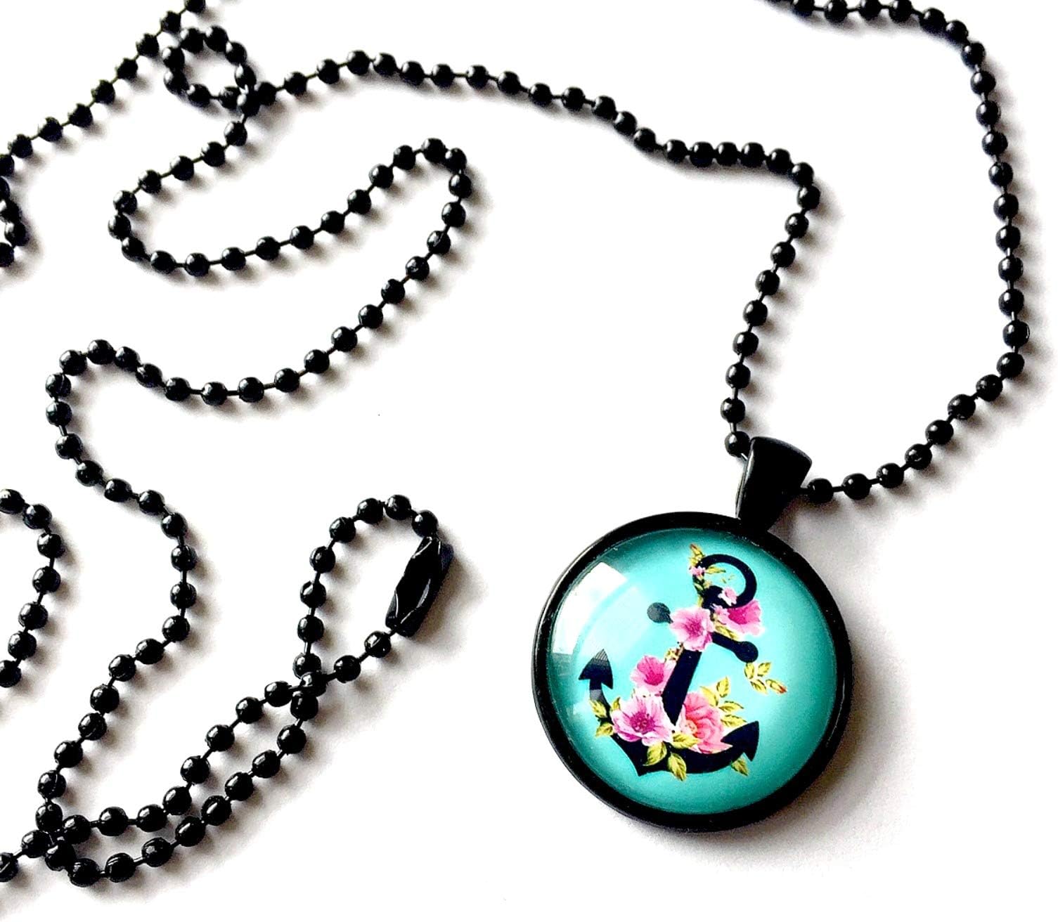 Anchor Necklace, Turquoise Anchor Pendant, 25mm Black Anchor Pendant on 24 inch Black Chain, Nautical Necklace, Anchor Rose Turquoise Pendant