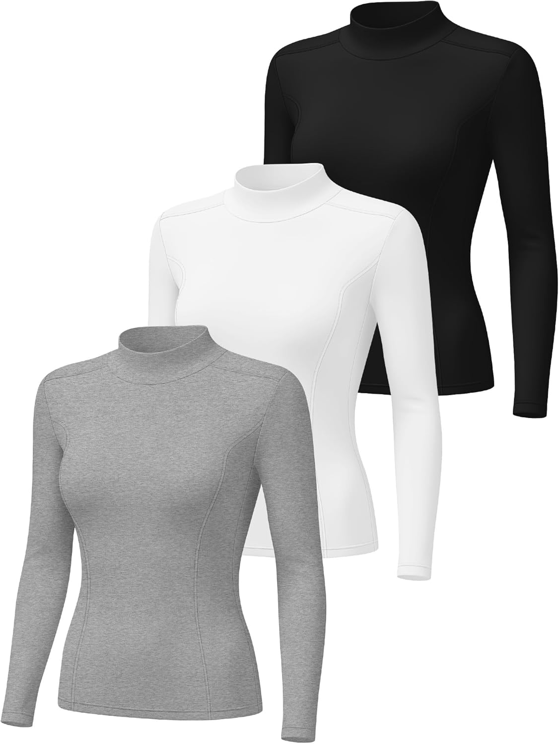 3 Pack Women's Long Sleeve Mock Turtleneck Shirts, Crew Neck Slim Fit Base Layer Tops Thermal Underwears - Image 3