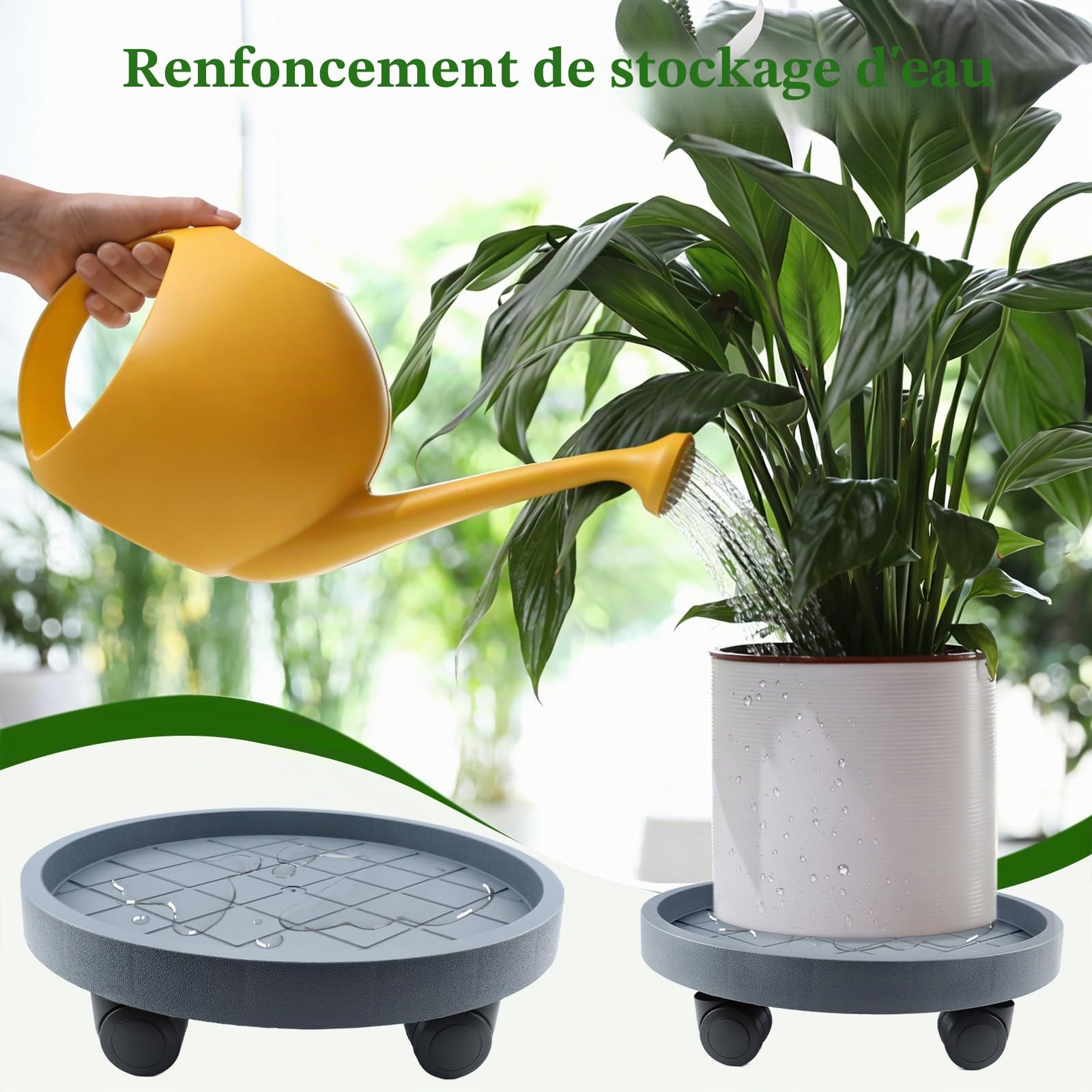 K KASONIC Plateau Roulant 40cm avec 4 Roues, Capacité 100kg, Pack de 2 Plateaux pour Déplacer Pots de Fleurs d'Intérieur et d'Extérieur, Inclut 5m de Liants Végétaux Déchirables