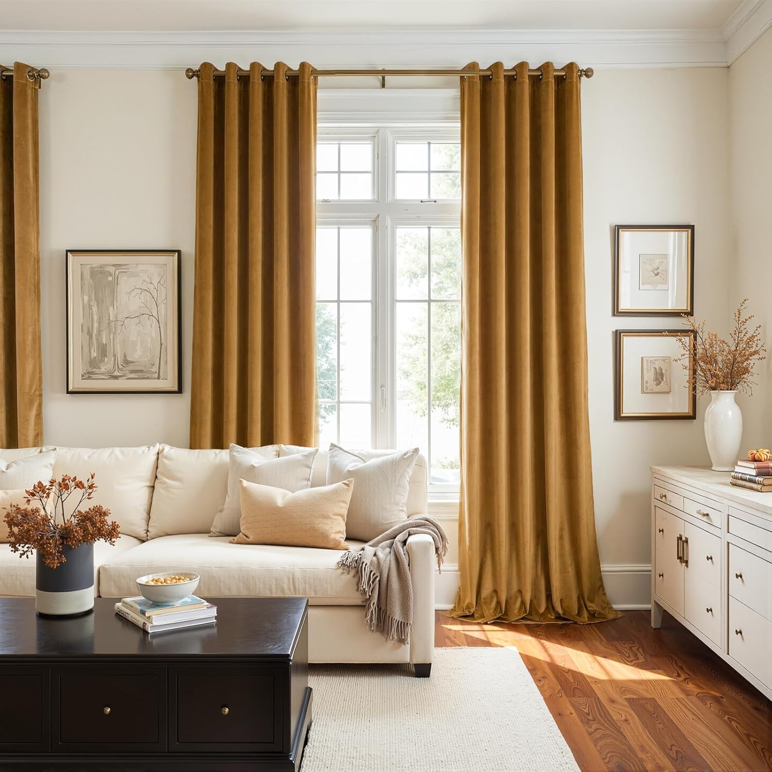 Gold Brown Velvet Curtains 84 Inch Long for Living Room Bedroom,Mordern Luxury Room Darkening Blackout Soundproof Insulated Curtain Drapes Soft Velvet Grommet Drapes 2 Panels for Home Decor,W52