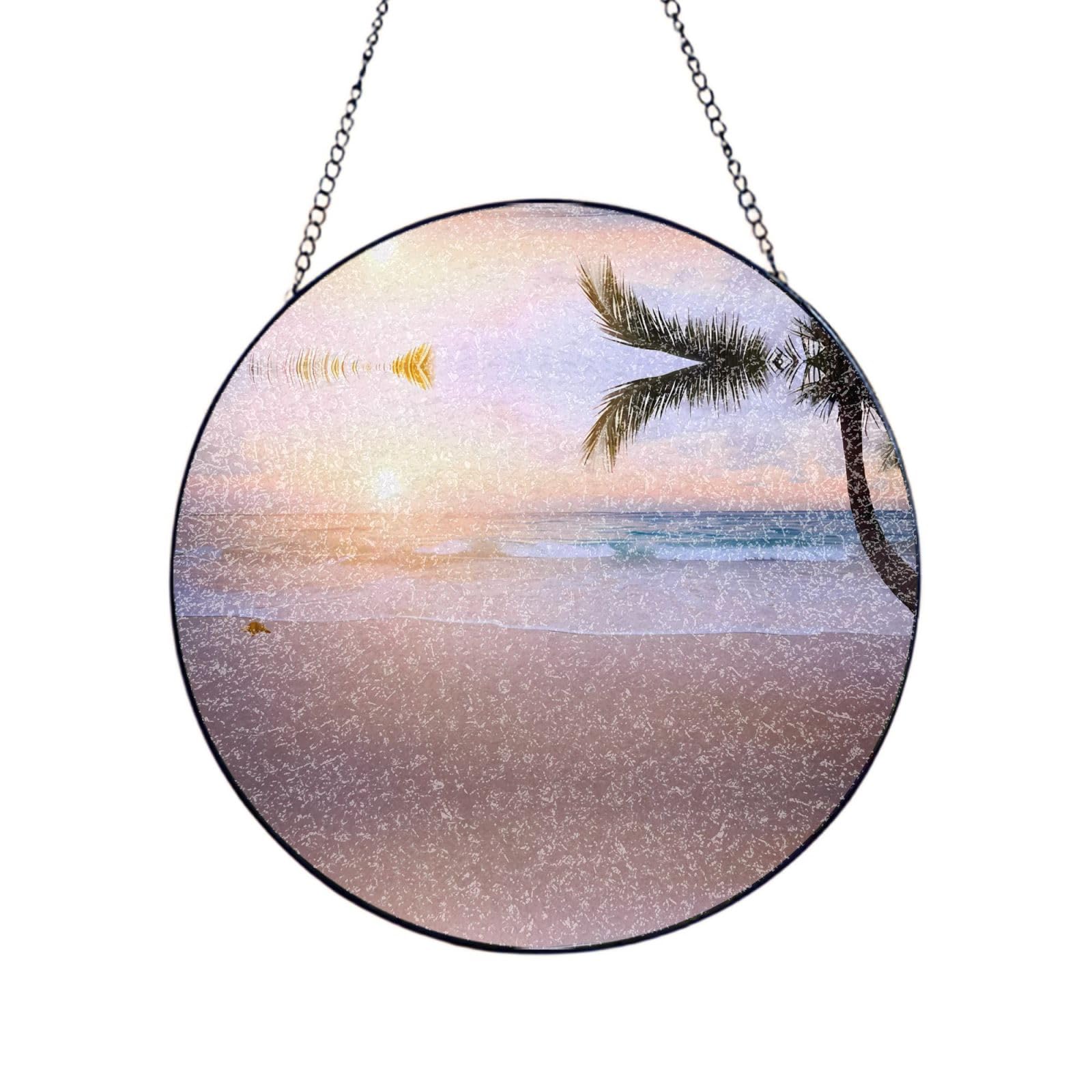 Phayah Tropical Beach Sunset Print Glass Window Hanging Round Suncatcher Glass Ornament Garden Wall Fence Decorations Indoor Outdoor 10in（25cm）