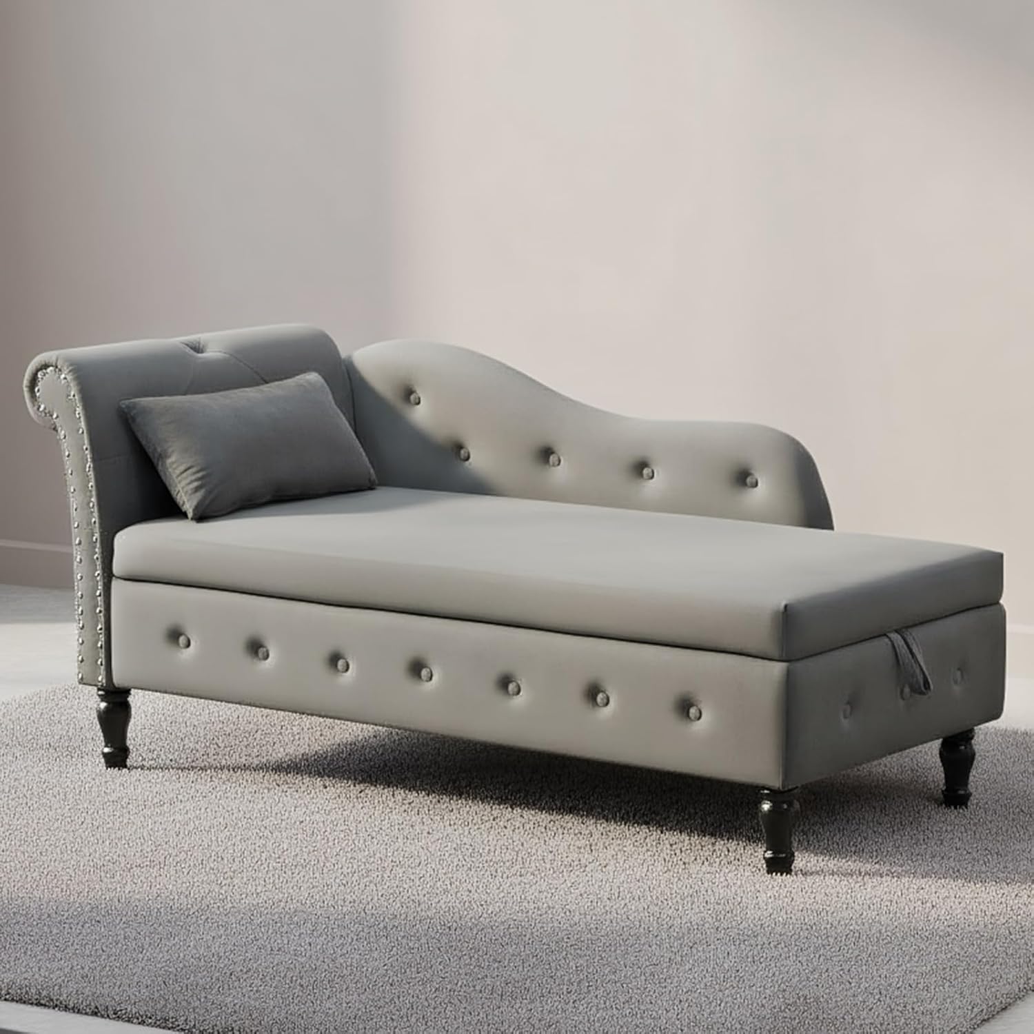 Anwick Chaise Lounge Indoor Tufted Fabric, Modern Upholstered Recliner Lounge Chair for Living Room Bedroom, Sleeper Lounge Sofa (Grey+Storage)