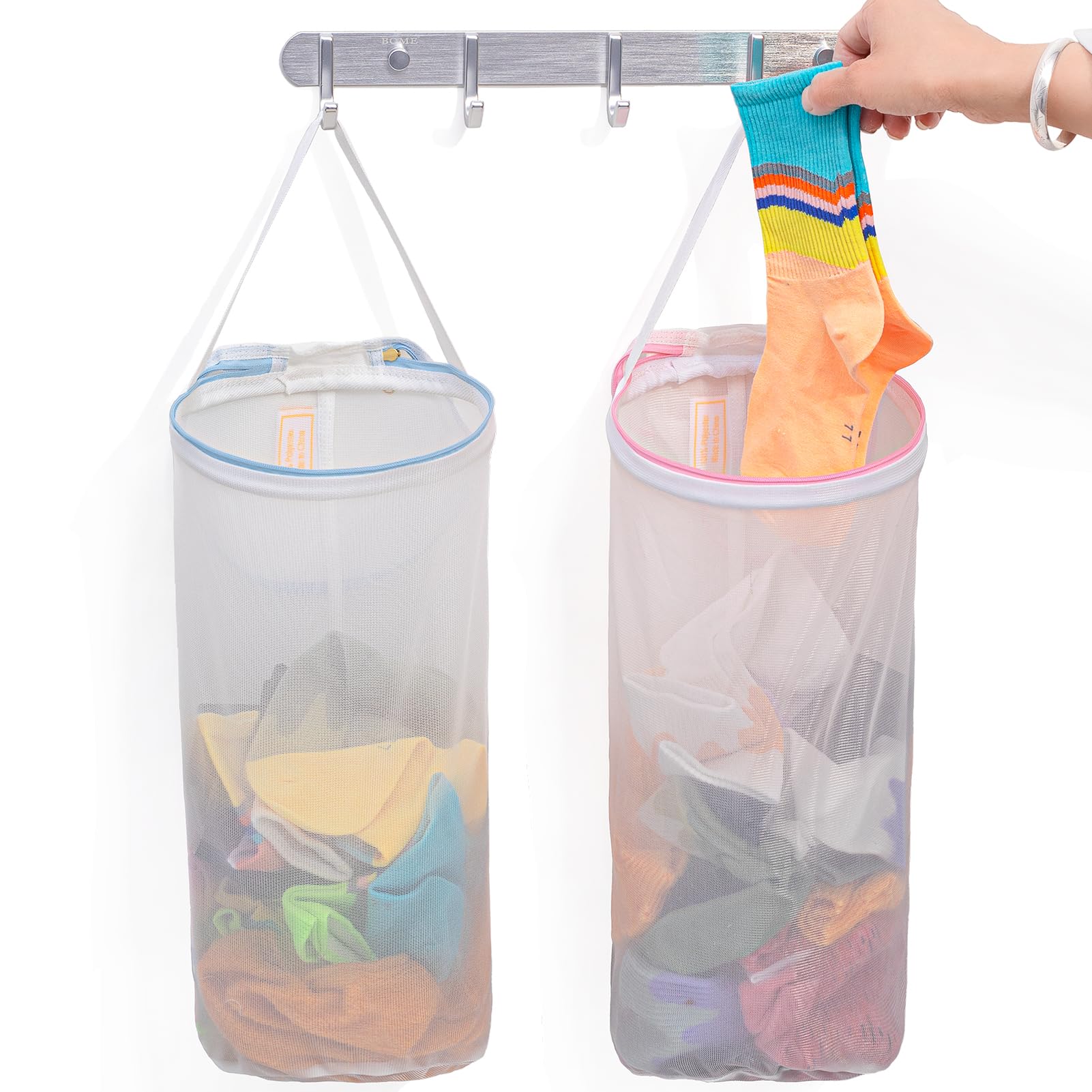 MIFNRO Large Capacity Sock Laundry Bag With Wire Construction Opening Use YKK Zipper Tote Bag Bathroom Hanging Suitable For Underwear, Socks Fine Mesh Laundry Bag 1 Pink 1 Blue