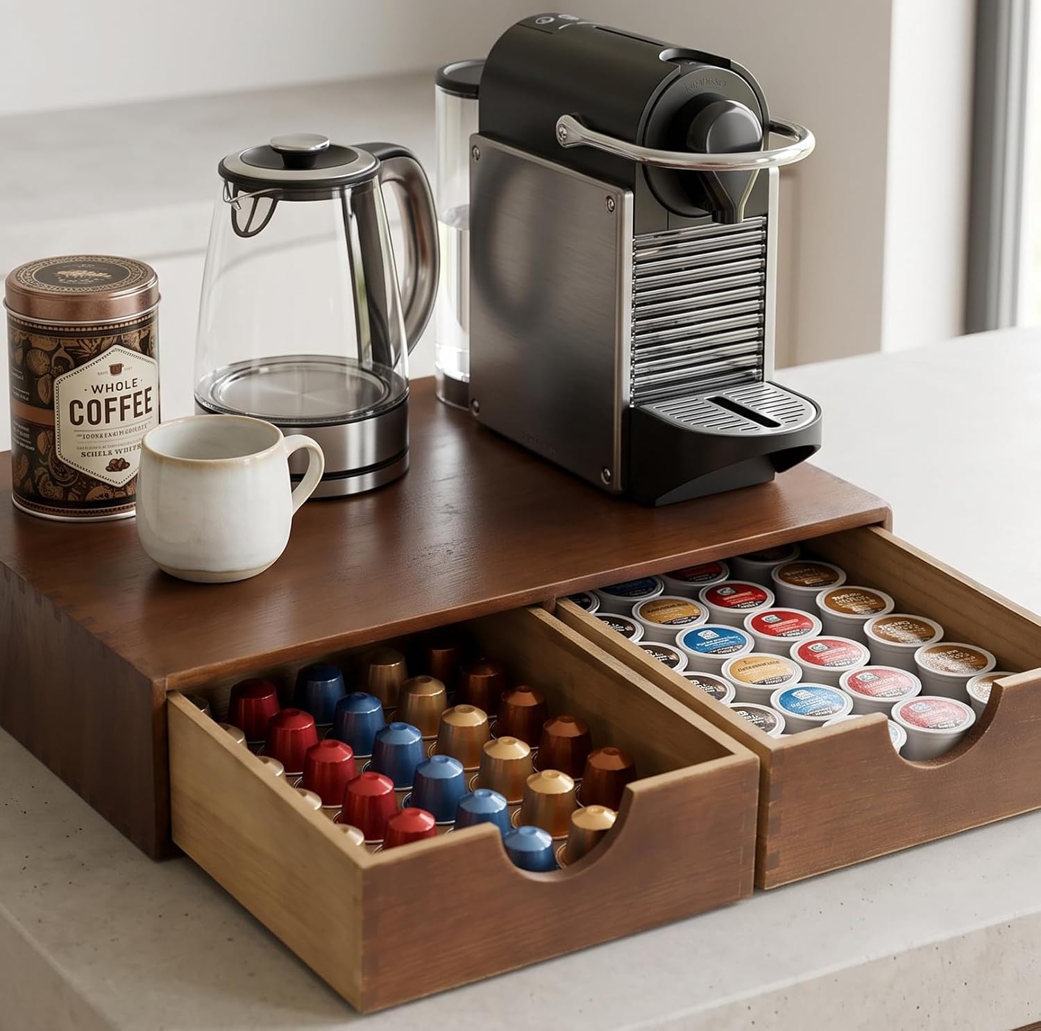 Wooden K Cup Organizer, Countertop Coffee Storage Drawer Organizer