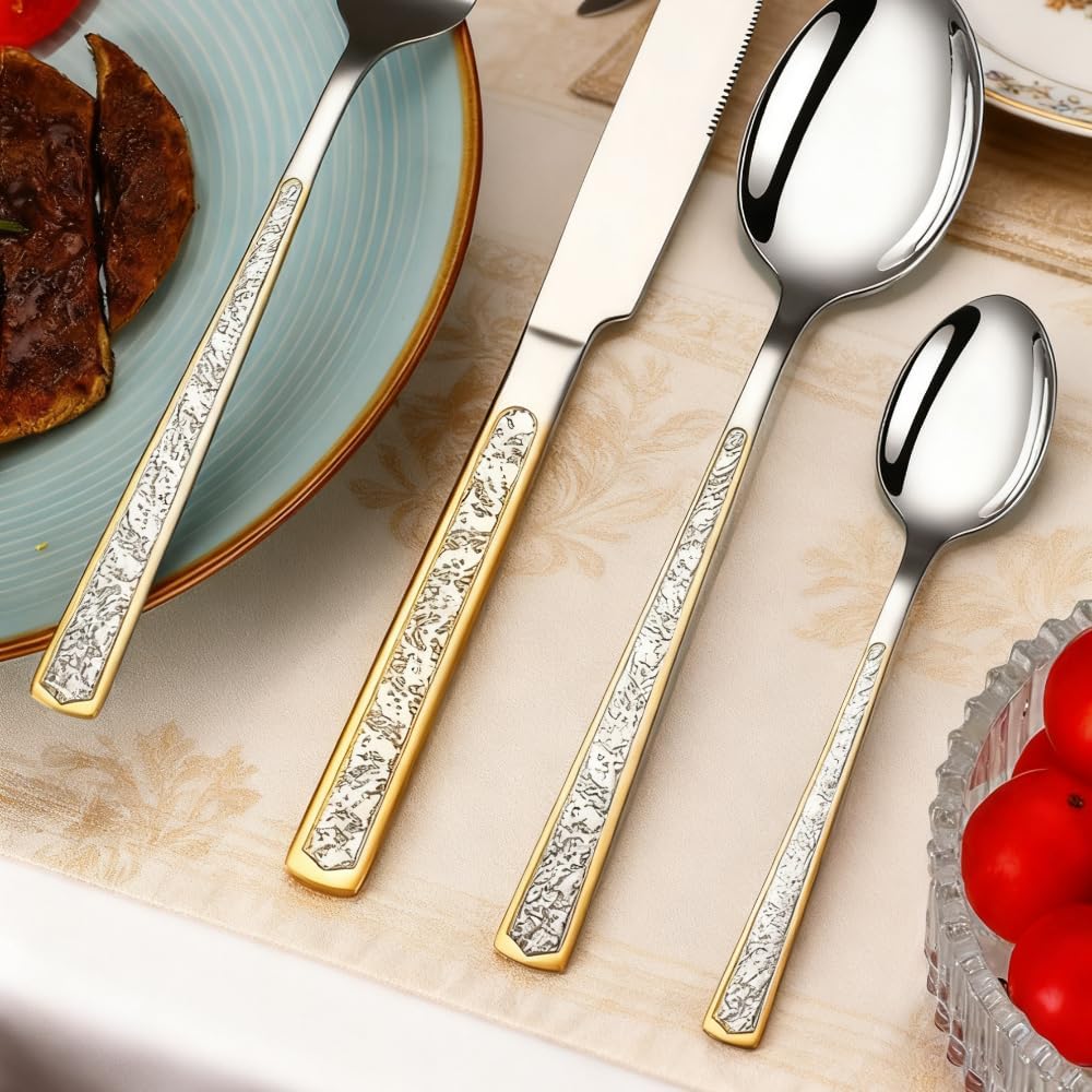 Kitchen Stainless Steel Silverware Tableware Flatware Cutlery Set Double Sided Gold Pattern Gold Texture Steak Knife Fork Spoon for Hotel Western Food Dining (16-piece set)