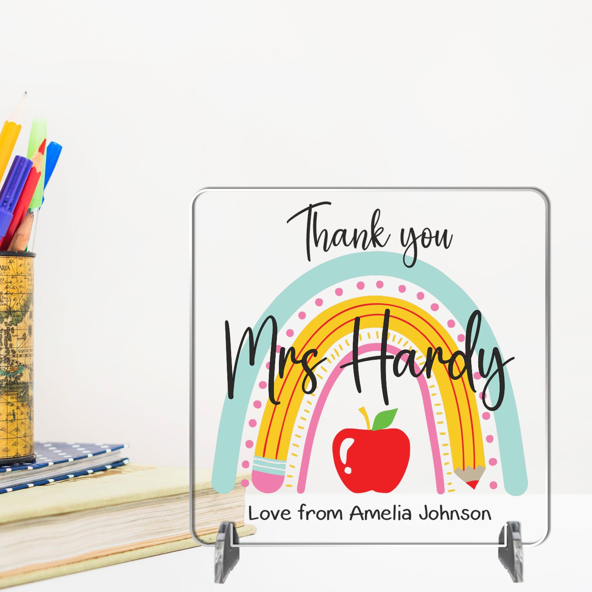 Acrylic or MDF Wood Plaque for Teachers - Thoughtful Gift for End of Term Teacher Appreciation - Freestanding Desk Decor with Rainbow Design (Rainbow with Apple, Acrylic)